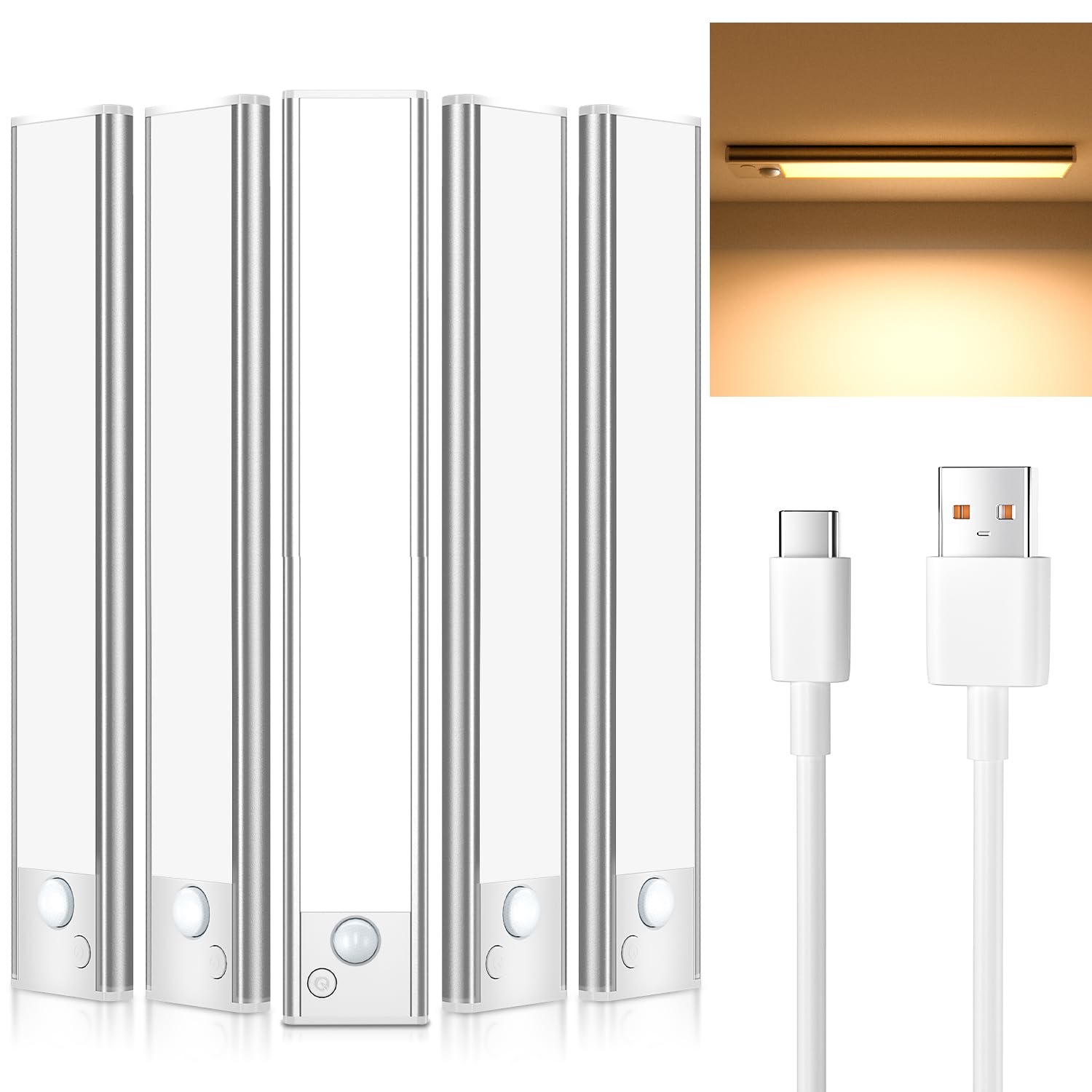 JEKEMORYE Luce LED Sottopensile Cucina Luci - Calda 20CM 5 Pezzi - Viene Fornito con 3 Cavi di Alimentazione USB