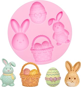 Easter Fondant Molds, Bunny Rabbit 3D Silicone Mold, Colorful Easter Egg Pattern Basket Resin Chocolate Molds for Cake Decoration Candy Cupcake Topper Cake Polymer Clay Crafts Epoxy Resin
