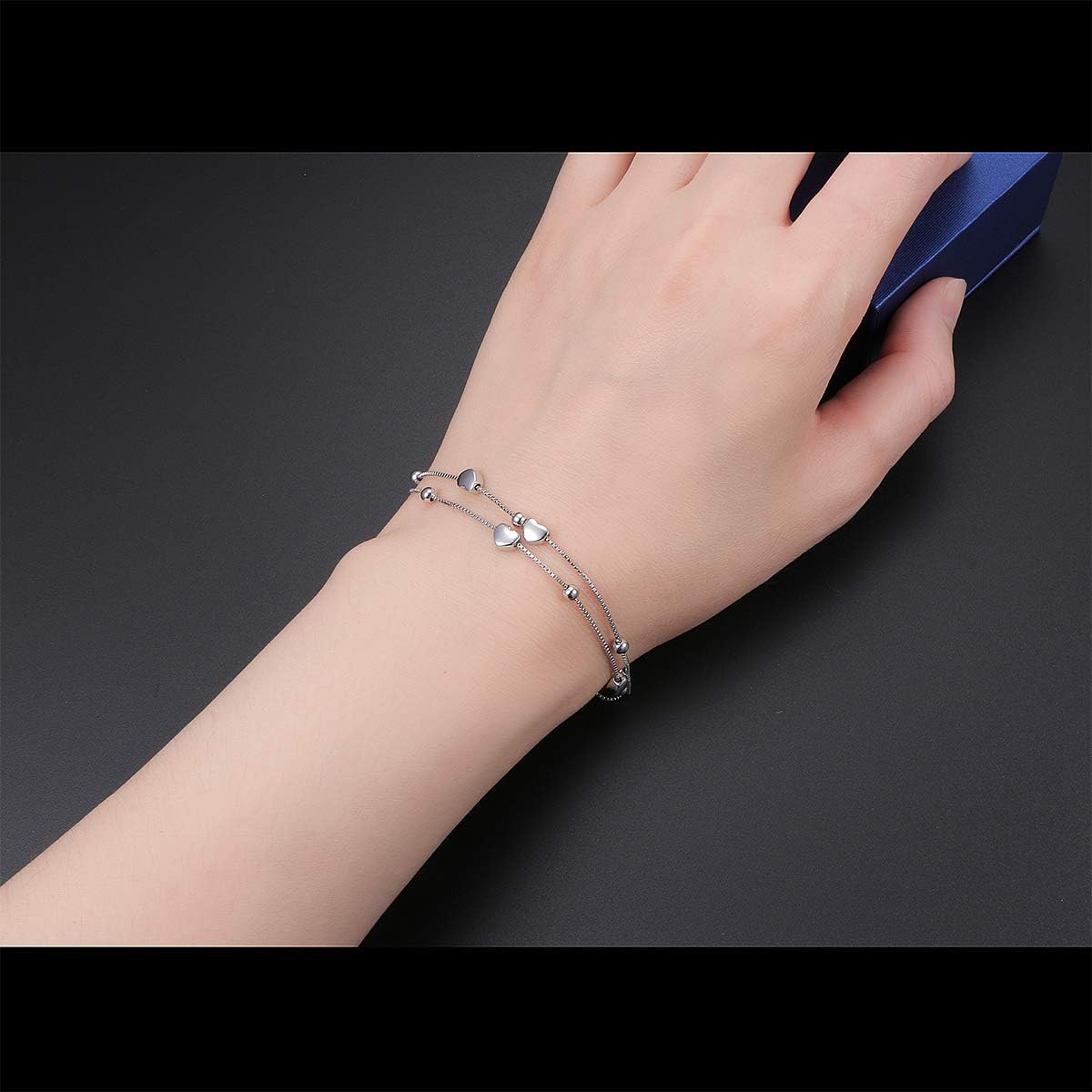 S925 Sterling Silver Jewelry Forever Love Heart Beads Double Chain Bracelet Friendship Adjustable Charm Bracelet Gift for Women - Image 2