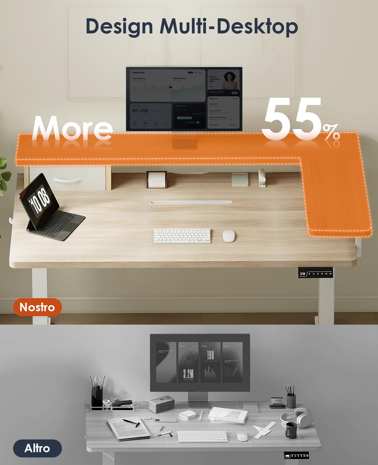 OffiGo Scrivania Regolabile in Altezza, 120x60 cm Scrivania Elettrica con L forma Supporto per Monitor, Standing Desk con Cassetto, Ergonomica Table Motorizzata con USB, Beige