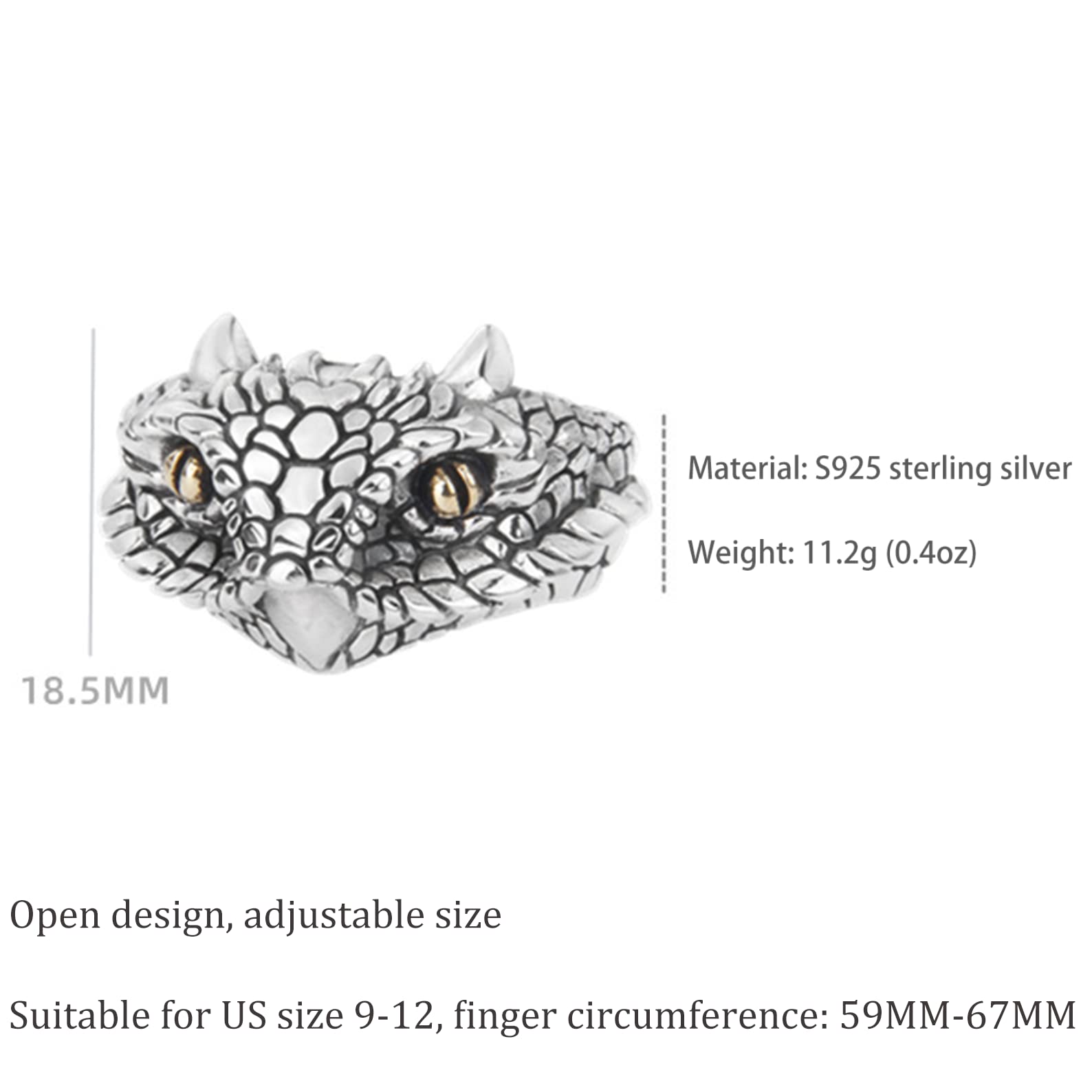 Anillo ajustable abierto de plata de ley S925 con forma de serpiente para hombre, accesorios de joyería vintage hechos a mano con animales.