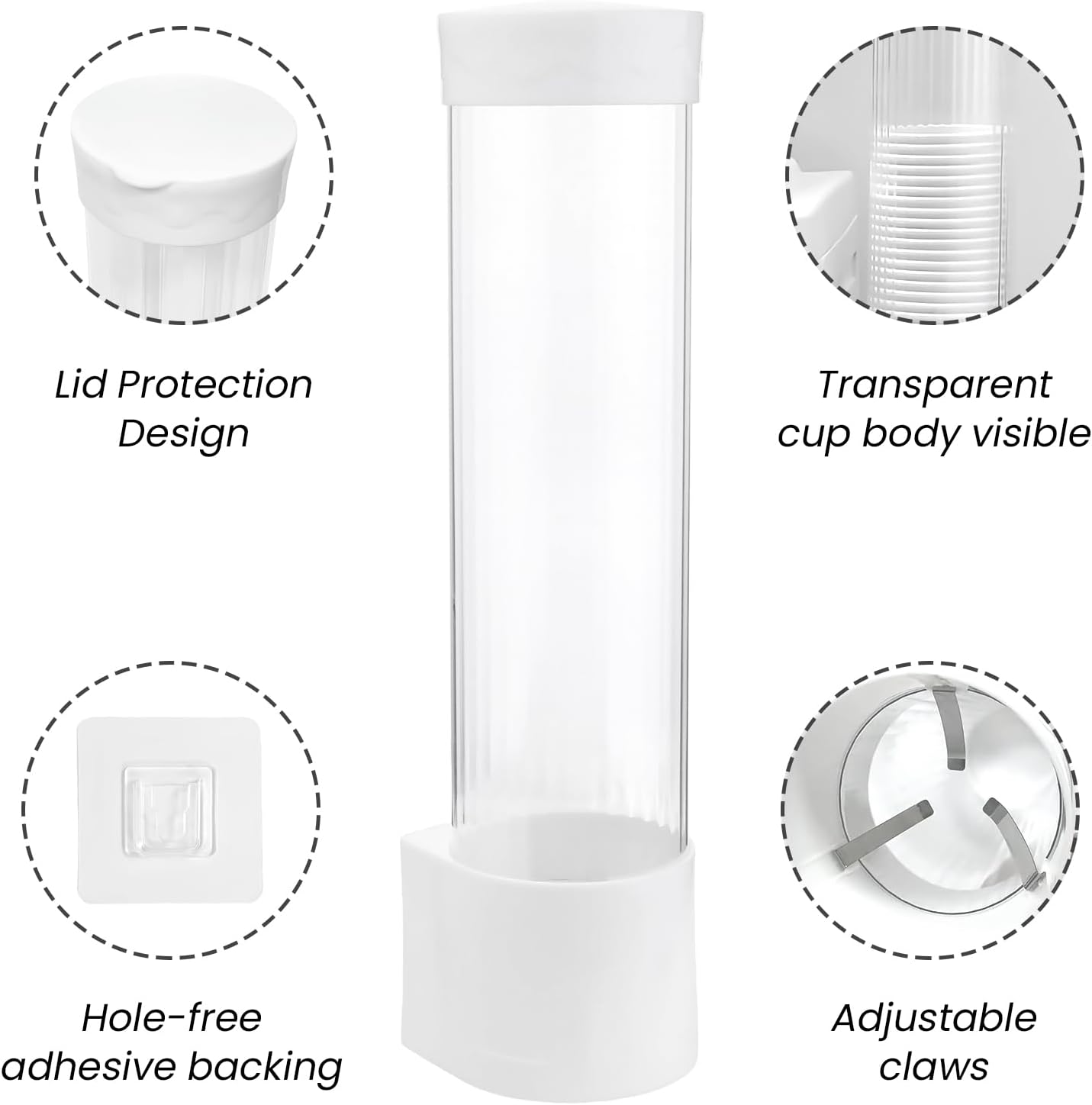 ASTIMESA 2 Packs 14''/35.5 CM Wall Mounted Cup Holder, Pull-Type Paper Cup Dispenser Plastic Organizer with Adhesive & Lid for Bathroom Water Cooler Cone Flat Bottom Home Office White