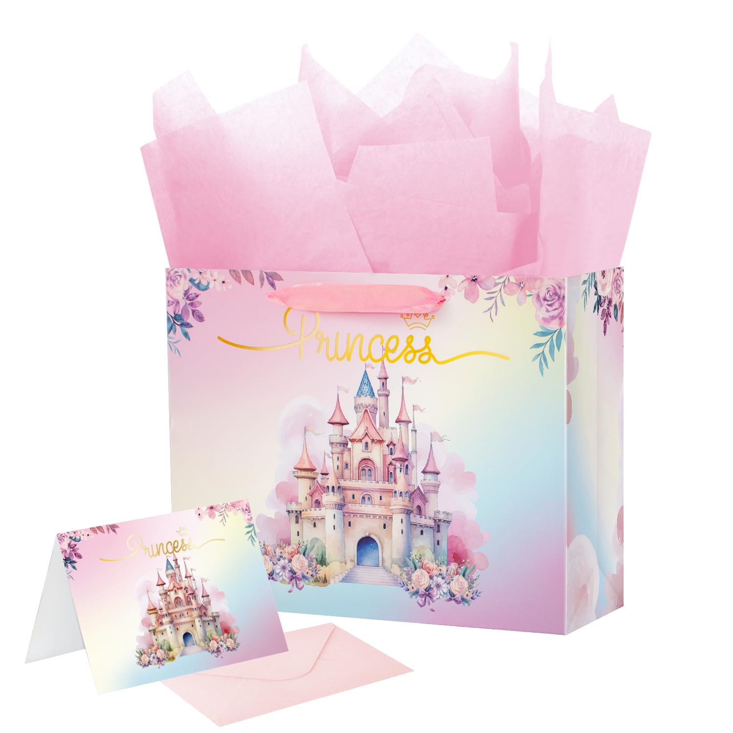 Ranfashiong 13" Large Pink Castle Birthday Gift Bag with Tissue Paper for Party Favor for Baby Shower, Girl, Princess Wrapping
