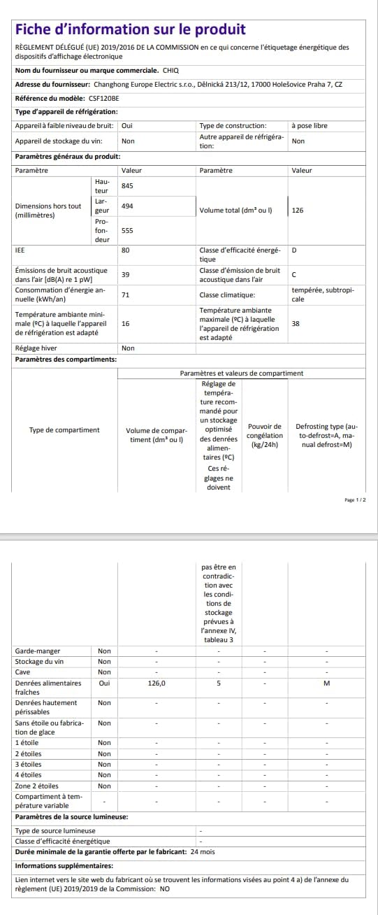 CHIQ CSF120BE Product Information Sheet
