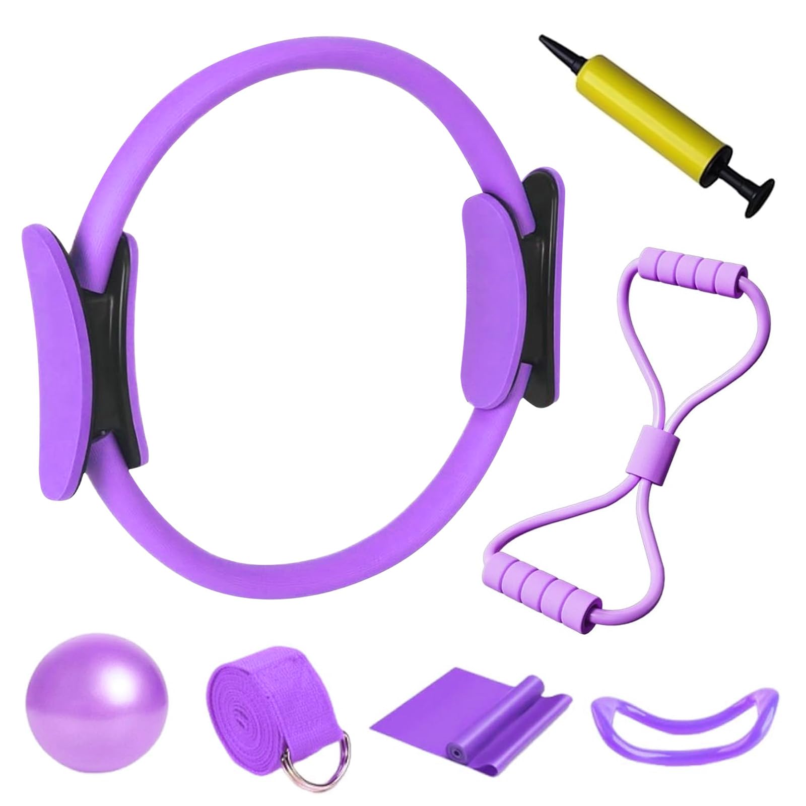 7 Pièces Kit Pilates Maison Accessoire Pilates Femme Kit: Yoga Ball, Resistance Bands, Pilate Ring, Yoga Band, Pompe à air pour l'Entraînement à Domicile et en Studio