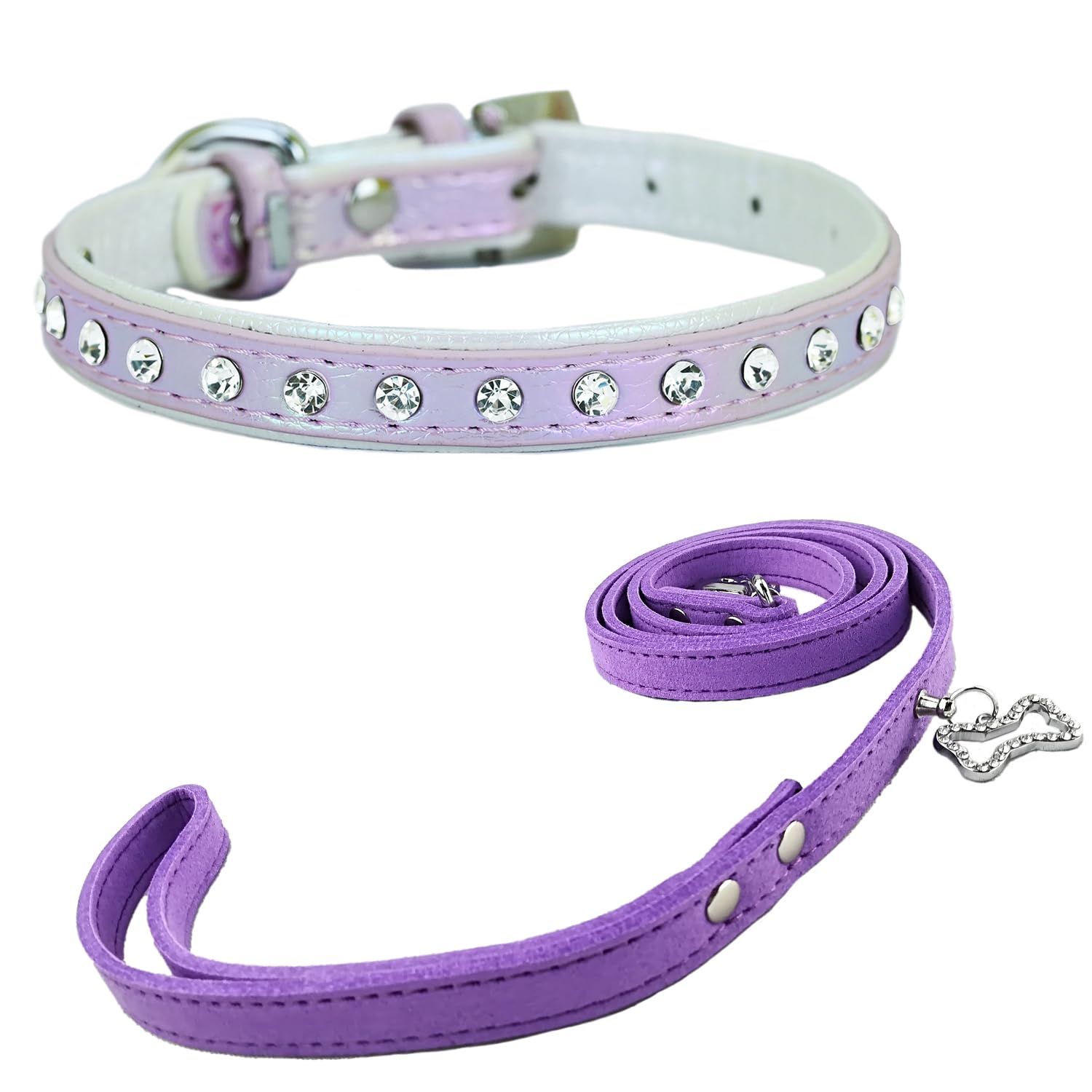 Collar y correa para perros pequeños con diamantes de imitación para perros pequeños (0069), color morado, talla XS