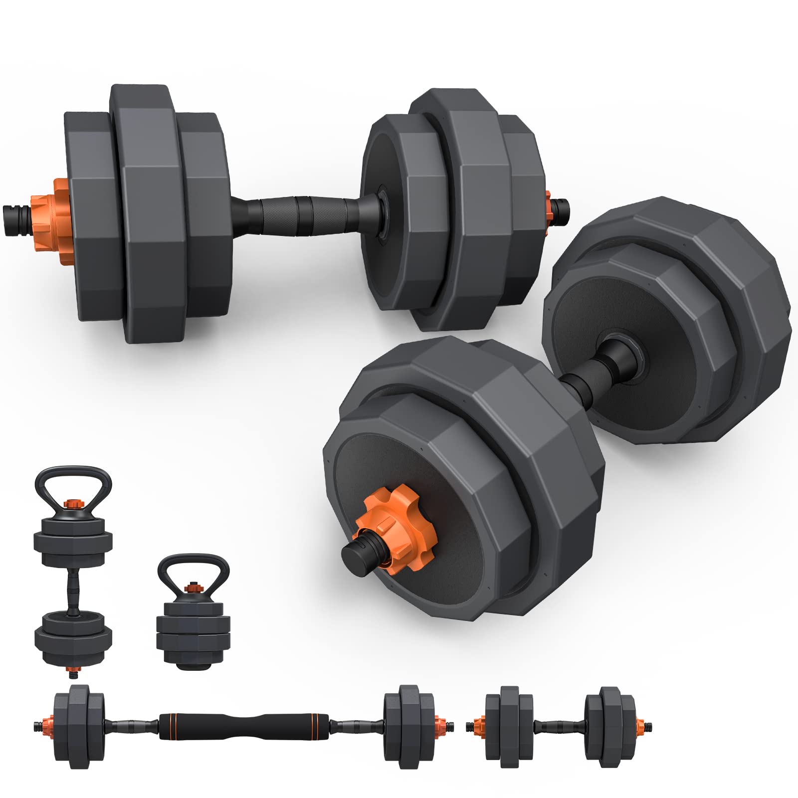 Lusper Adjustable Weights Dumbbells Set, 44LB/55LB/66LB Free Weights, 3 in 1 Mutiweight Dumbbell/Barbell/Kettlebell with Connector, Versatile Weight Set for Home Gym