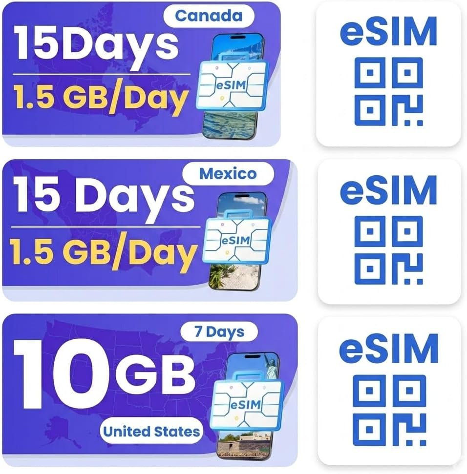 eSIM Bundle for International Travel, USA, Mexico & Canada Esim Travel, 4G/5G Speed, Hotspot Supported, Instant Activation in 10 Minutes