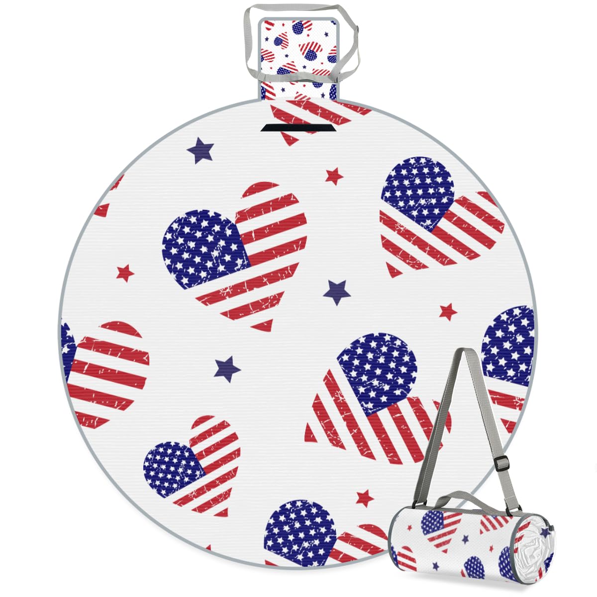 Shimoshe Heart American Flag Picnic Outdoor Blanket Foldable Waterproof Sandproof Beach Blanket Portable Water-Resistant Round Picnic Mat for Travel Camping Park Lawn