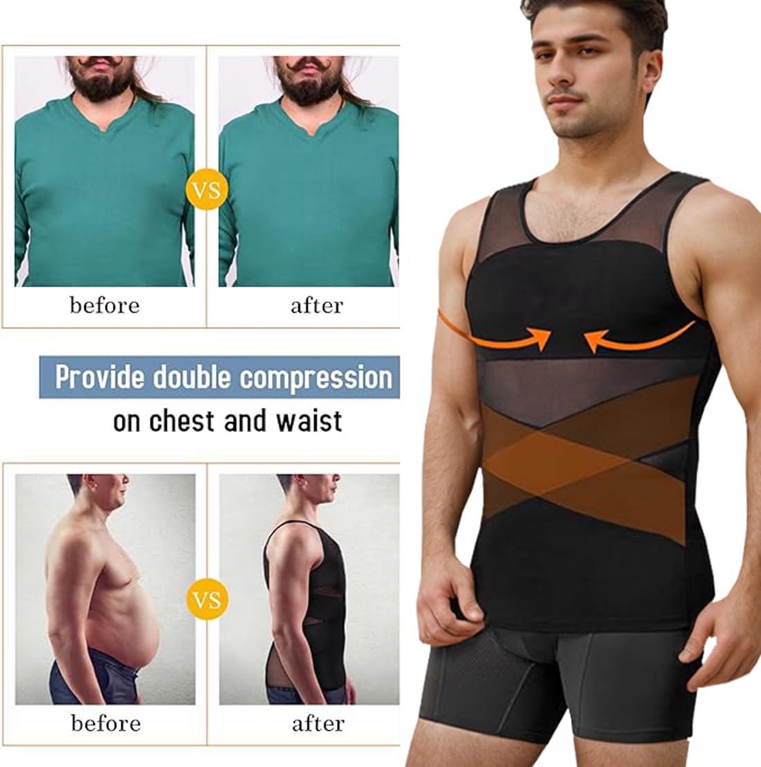 Camiseta Interior Moldeadora para Hombre con Efecto Vientre Plano Faja Reductora Chaleco de compresión algodón Body Shaper para Gym Fitness (FR/ES, Letras, XL, Regular, Regular, Negro)