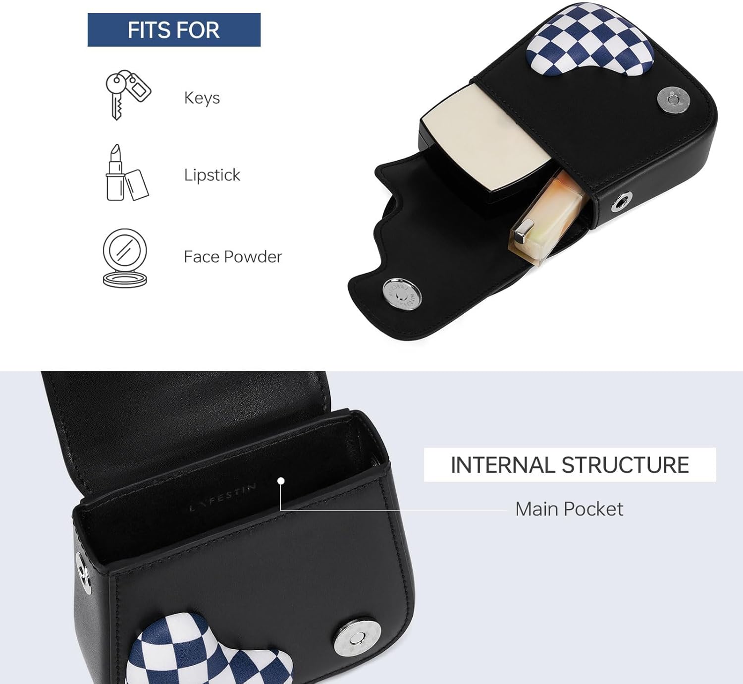 LA'FESTIN Mini Crossbody Bag for Women Genuine Leather Top-Handle Handbag with Heart-shape Mirrors & Long Chain Strap