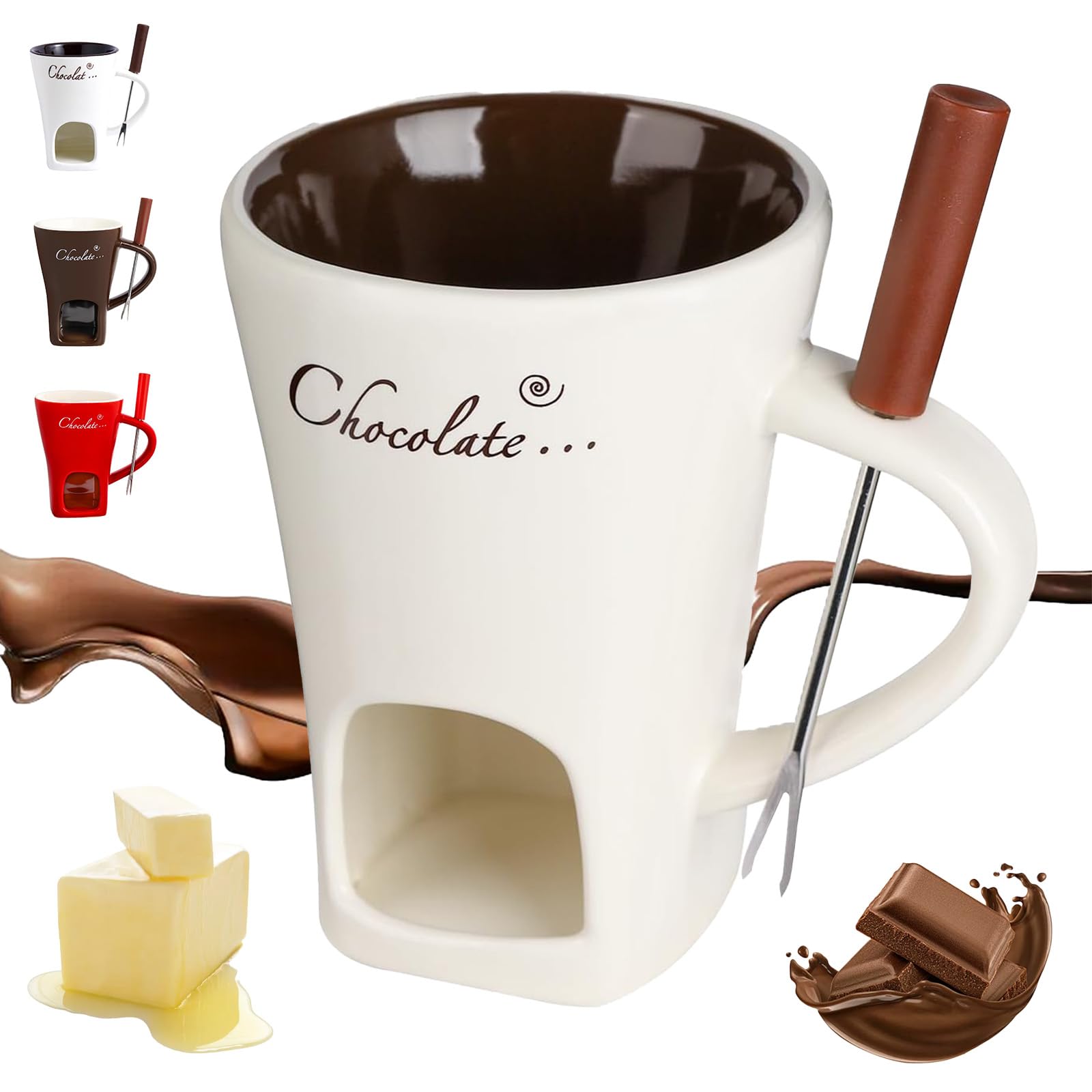 Chocolate Fondue Mug with Forks, Chocolate Melting Cup, Fondue Cup, Multi-Purpose Butter Warmer with Fondue Fork, Fondue Heated with a Tealight, Warmer Mug for Candy Snack Caramel Party (A)
