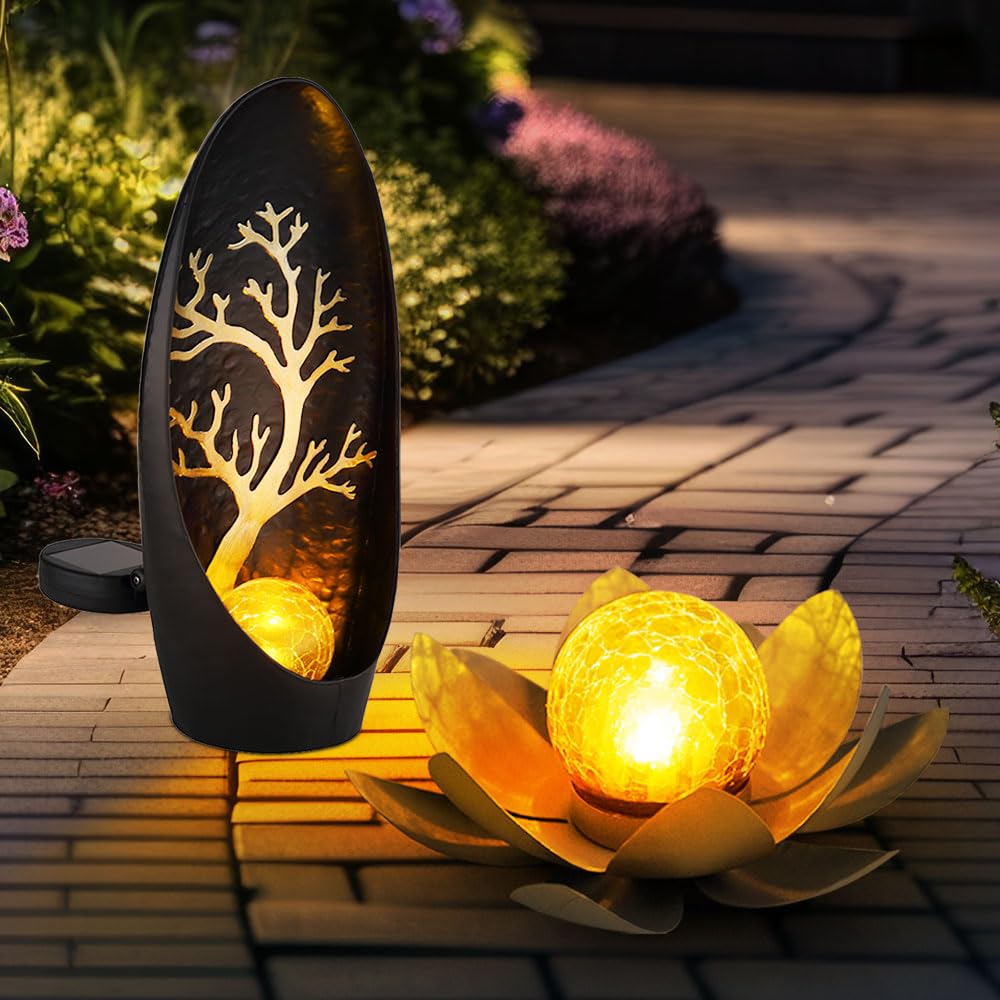 GLOBO Solarleuchte Lotusblume Außen Garten Dekoleuchten Solar Außenleuchte Solar Blume, Crackle Glas Lichteffekt, 1x Lotusblume 1x Stehlampe, LED warmweiß, 2er Set