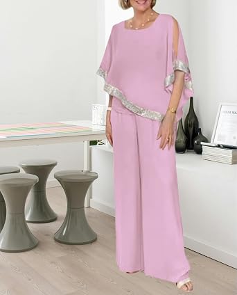 Zhyaj Chiffon 2 Piece Pant Suits for Womens Long Pant Batwing Sleeve Elegant Pantsuit Mother of Bride Sets Outfits