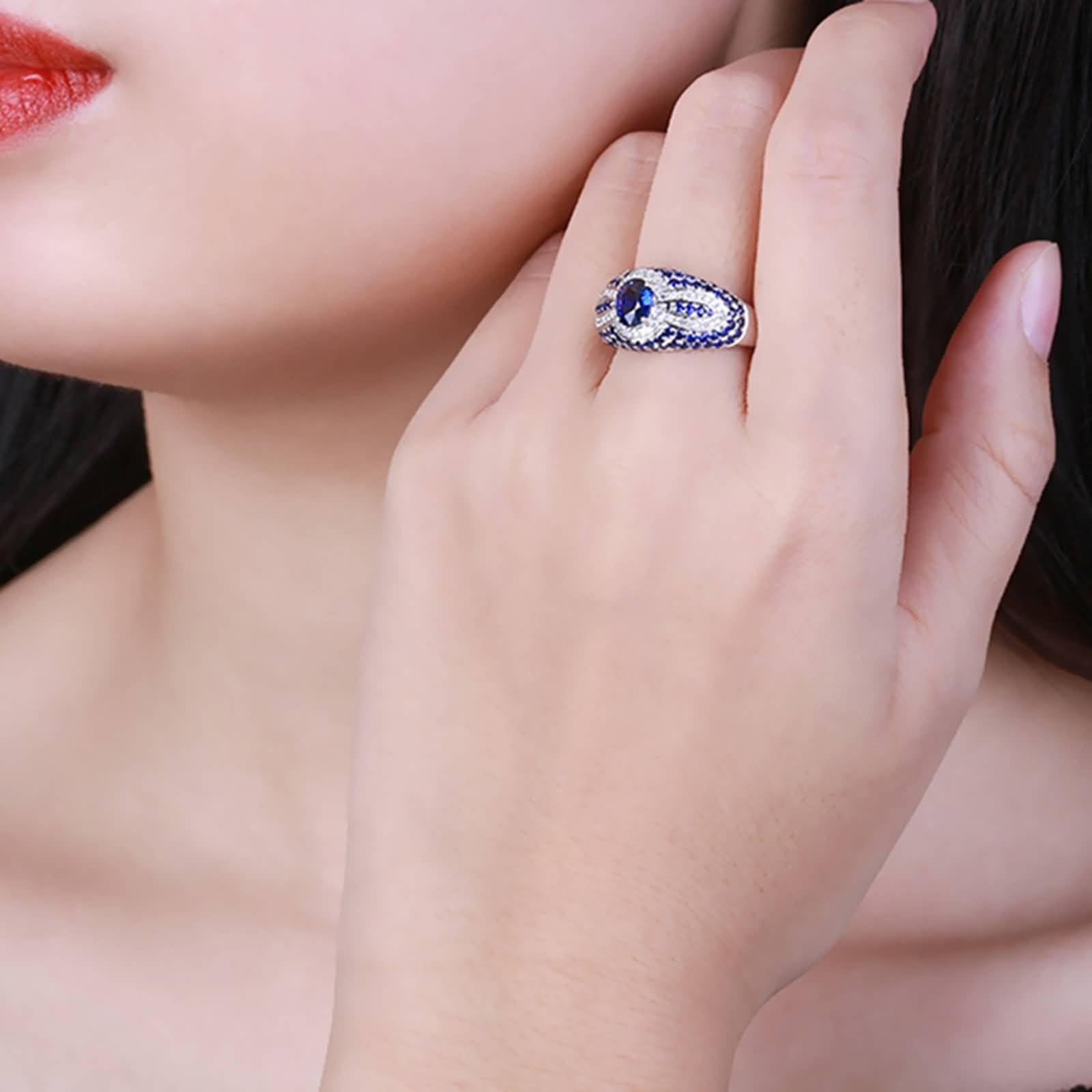 Anillos de promesa para ella, anillo de oro blanco de 18 quilates con zafiro creado en laboratorio de lujo de 1,31 quilates y moissanita de 0,162 quilates