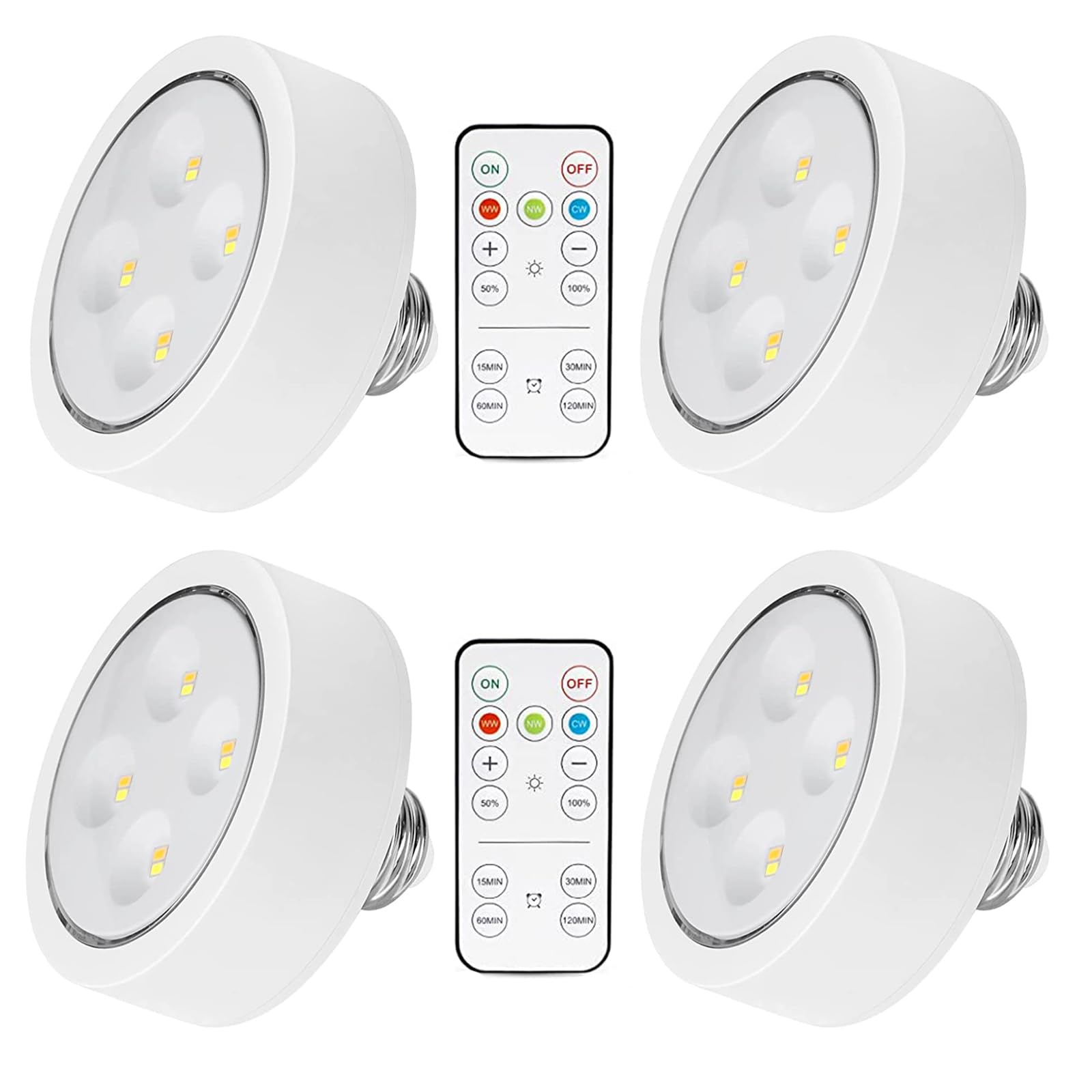 HongTu 4 AA Battery Powered LED Puck Light with 2 Remote Control Wireless Timer Dimmable LED Bulbs E26 Screw in Puck Lights No Wiring Needed, Dimmable, Timed for Dining Room, Bedroom, Study Room