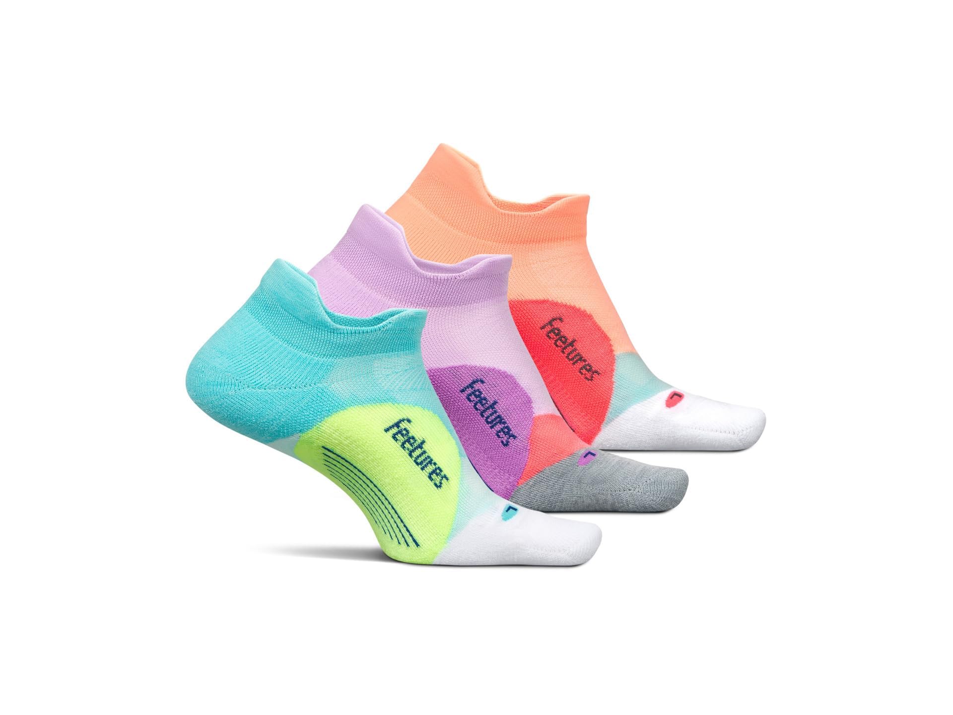 Feetures Unisex Elite Max Cushion No Show Tab 3-Pair Pack, Aqua Surf/Orchid Sunset/Vibrant Reef, Large