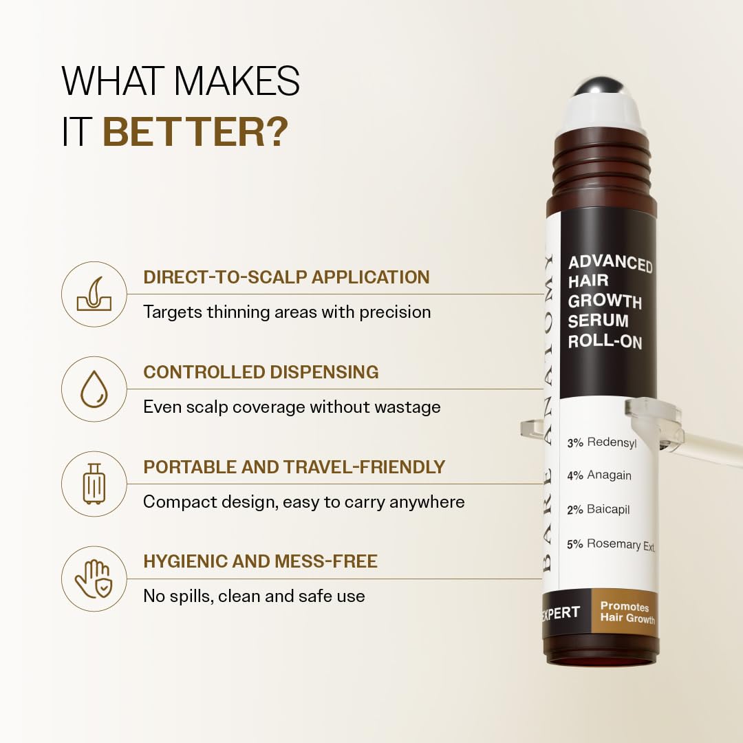 Bare Anatomy Sérum de croissance des cheveux avancé Roll-On | 3 % de rédensyl + 4 % d'anagaine + 2 % de baïcapil + 5 % de romarin, eau de riz, biotine et palmier nain | 25 ml