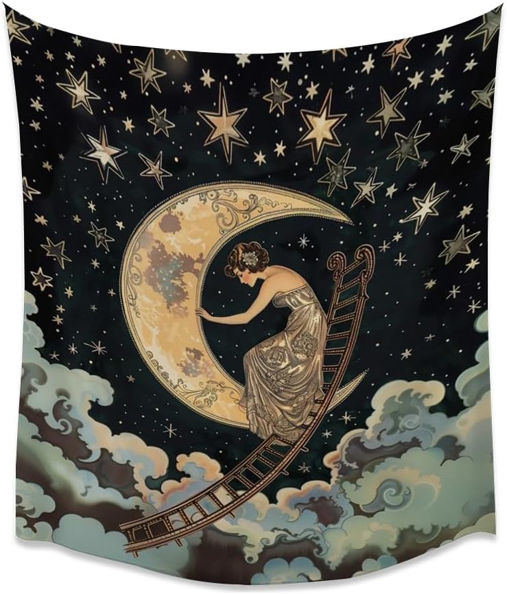 BZWAPQ Dark Vintage Aesthetic Celestial Goddess Tapestry Boho Ladder to The Moon and Stars Print Tapestries Gothic Art Nouveau Wall Hanging Decor for Living Room Dorm Apartmentwhite30x40inch