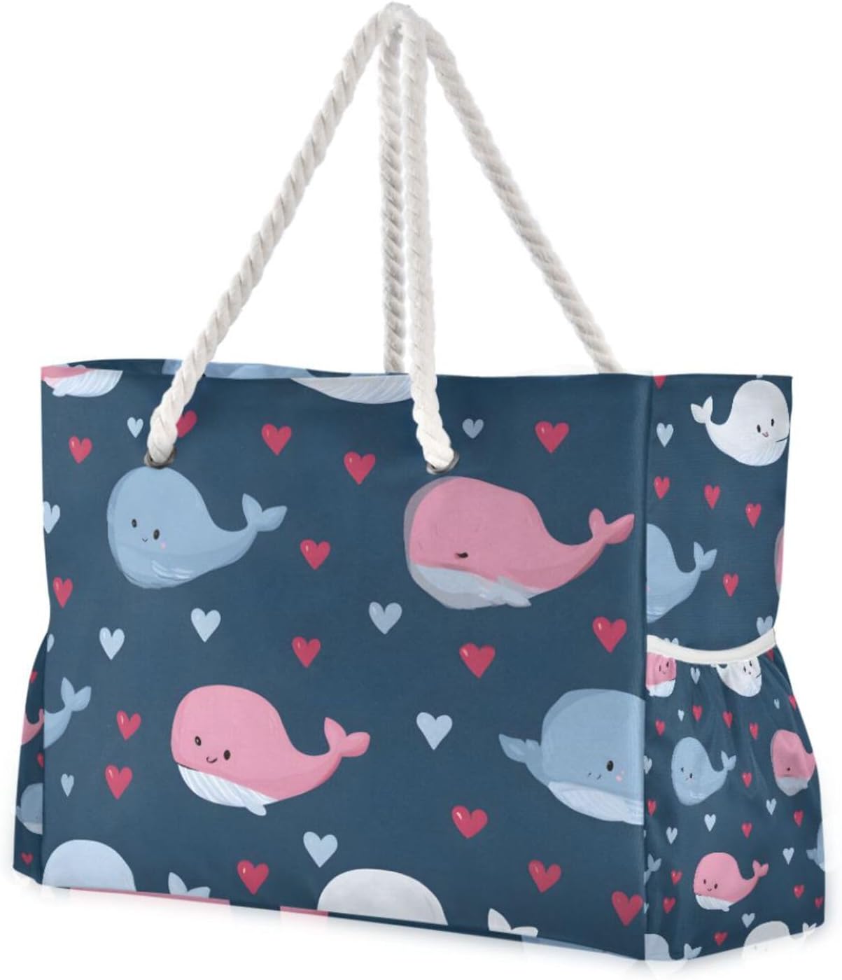 OTVEE Whale with Red Heart Pattern Beach Bags for Women Ladies Large Canvas Tote Shoulder Bag Waterproof Travel Bags for Gym Swim Pool Camping