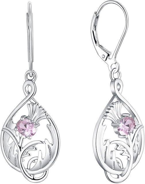 JO WISDOM Scottish Thistle Earrings,925 Sterling Silver Scotland Flower Outlander Drop & Dangle Earrings with 3A CZ Birthstone,Jewelry for Women