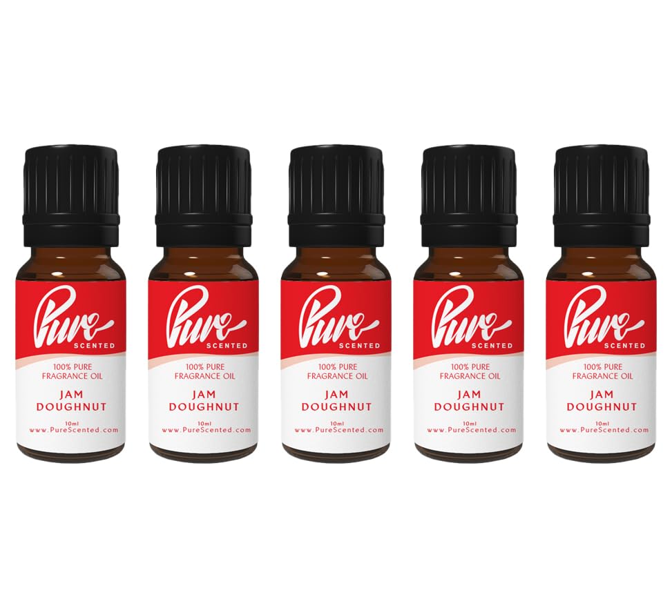 Pure Scented 50ml Fragrance Oils - 5 x 10ml Suitable for Candles, Soaps, Slime, Diffusers, Cosmetics, Wax Melts, Designer (5 x 10ml, Jam Doughnut)