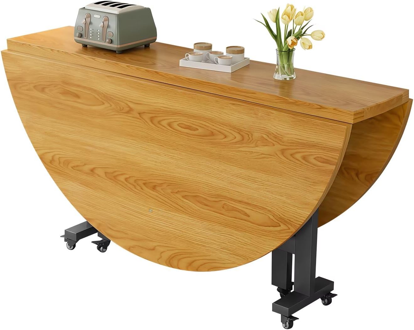 Folding Dining Table, Dining Table, Round Table, Desk with Casters, No Assembly Required, Extendable, Compact, Space Saving, Eco Material, Modern Design, Assembled Product, Width 55.1