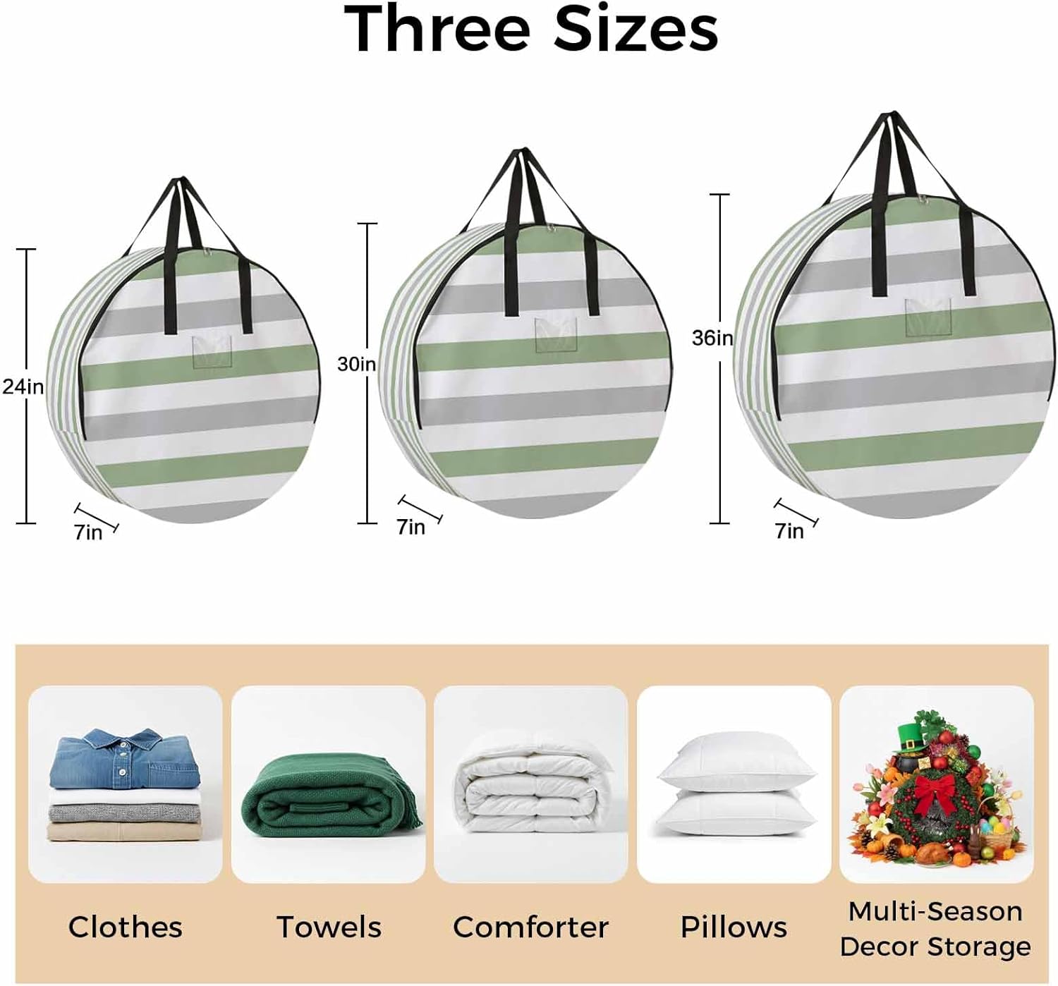 Geometric Sage Round Storage Bag 36 Inch, Green and Gray Stripes Clothes Storage Container with Handles Heavy Duty Organizer for Comforter, Bedding & Holiday Wreaths