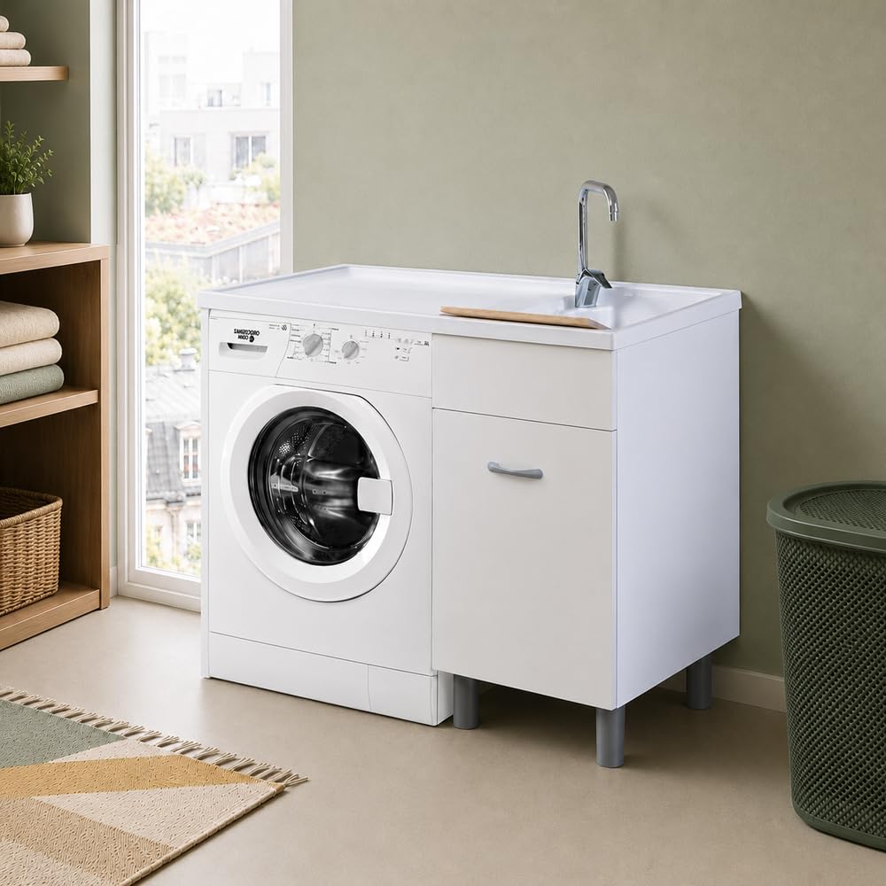 Inbagno Mobile Coprilavatrice Con Lavatoio 106x60 Cm Bianco Opaco Con Vasca A Destra, Anta Contenitiva, Asse Lavapanni E Kit Scarico Inclusi – Mobile Lavanderia Linea Medea