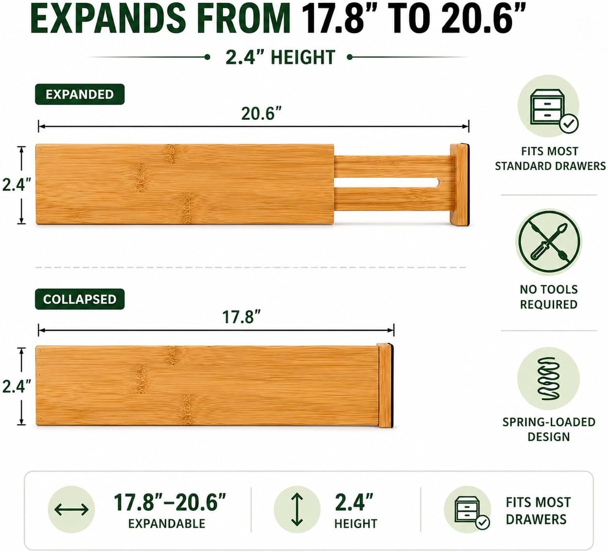 Bamboo Drawer Dividers 4 Pack, Adjustable Spring Loaded Drawer Organizer, Expandable Bamboo Drawer Separators for Kitchen, Dresser, Bedroom, Office, 17.8"–20.6"