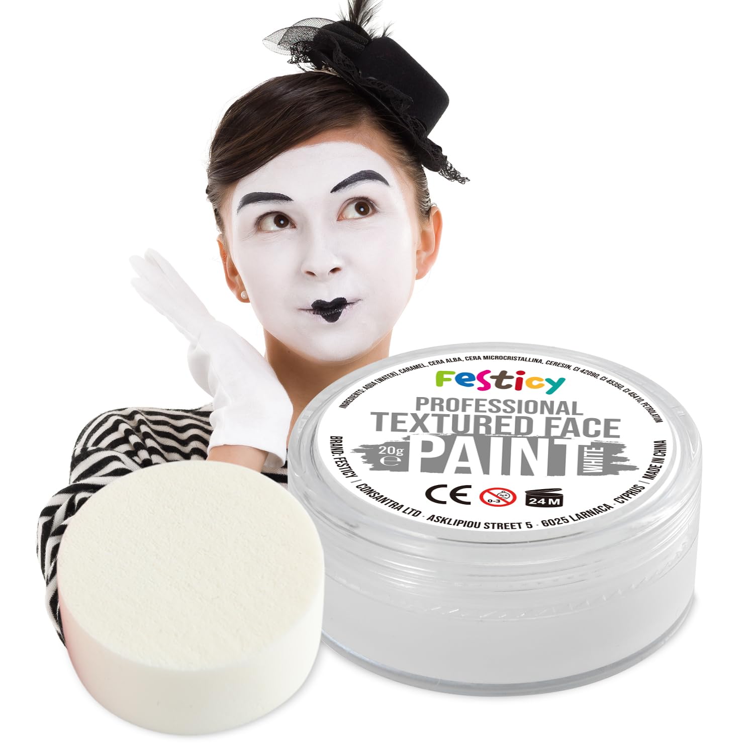 Festicy Peinture pour Visage et Corps, Blanche, 20g, éponge | Certifié EN 71-3 & Reach | Maquillage fille | Deguisement Enfant | Peinture visage, pour palette maquillage