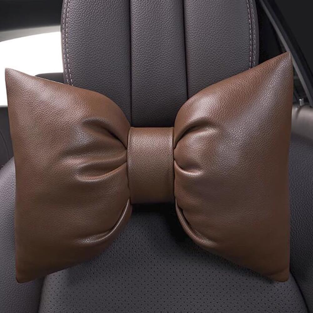 Soft Leather Car Headrest Pillow Creative Bowknot Auto Neck Cervical Pillow Decorative Car Bow Tie Headrest Cushion (30×22CM/11.8"×8.66", Coffee)