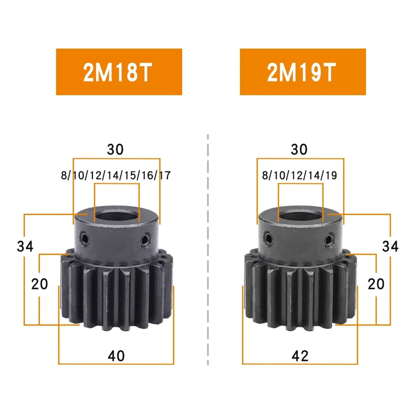 Bevel Gear Pinion Hardware Mechanical Spur Gear 2M-18T/19T Bore 8/10/12/14/15/16/17/19mm Transmission Gears Blackening Carbon Steel Teeth Height 20mm(2M19T - Bore 14 mm)