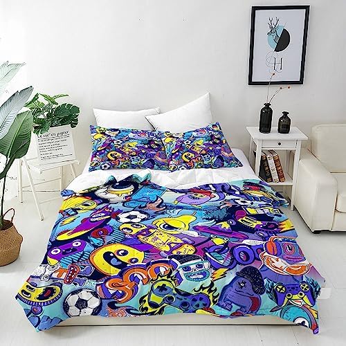 ANHOPE Unicorn Duvet Cover Set Soft Lightweight Microfibre 3 Piece Bedding Set with 2 Pillowcase Rainbow Unicorn Moon Flower Print Pattern All Season Kids Girls Quilt Cover with Zipper Closure Single