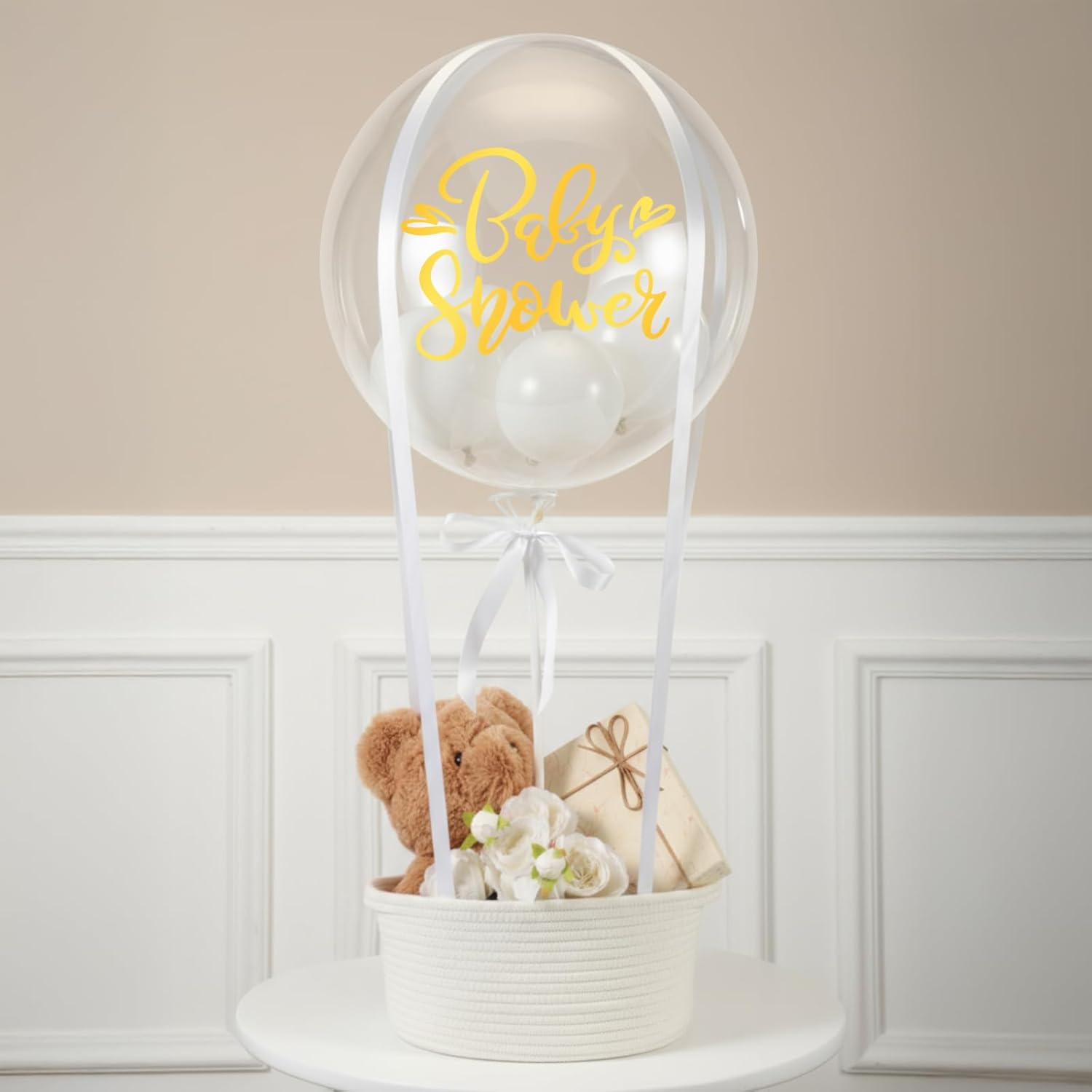 DIY Hot Air Balloon Baby Shower Gift Basket Decoration Set Woven Basket Transparent Bobo and White Balloons Ribbon Balloon Stand Sticker Newborn Gift Wrapping Baby Shower Party Decor