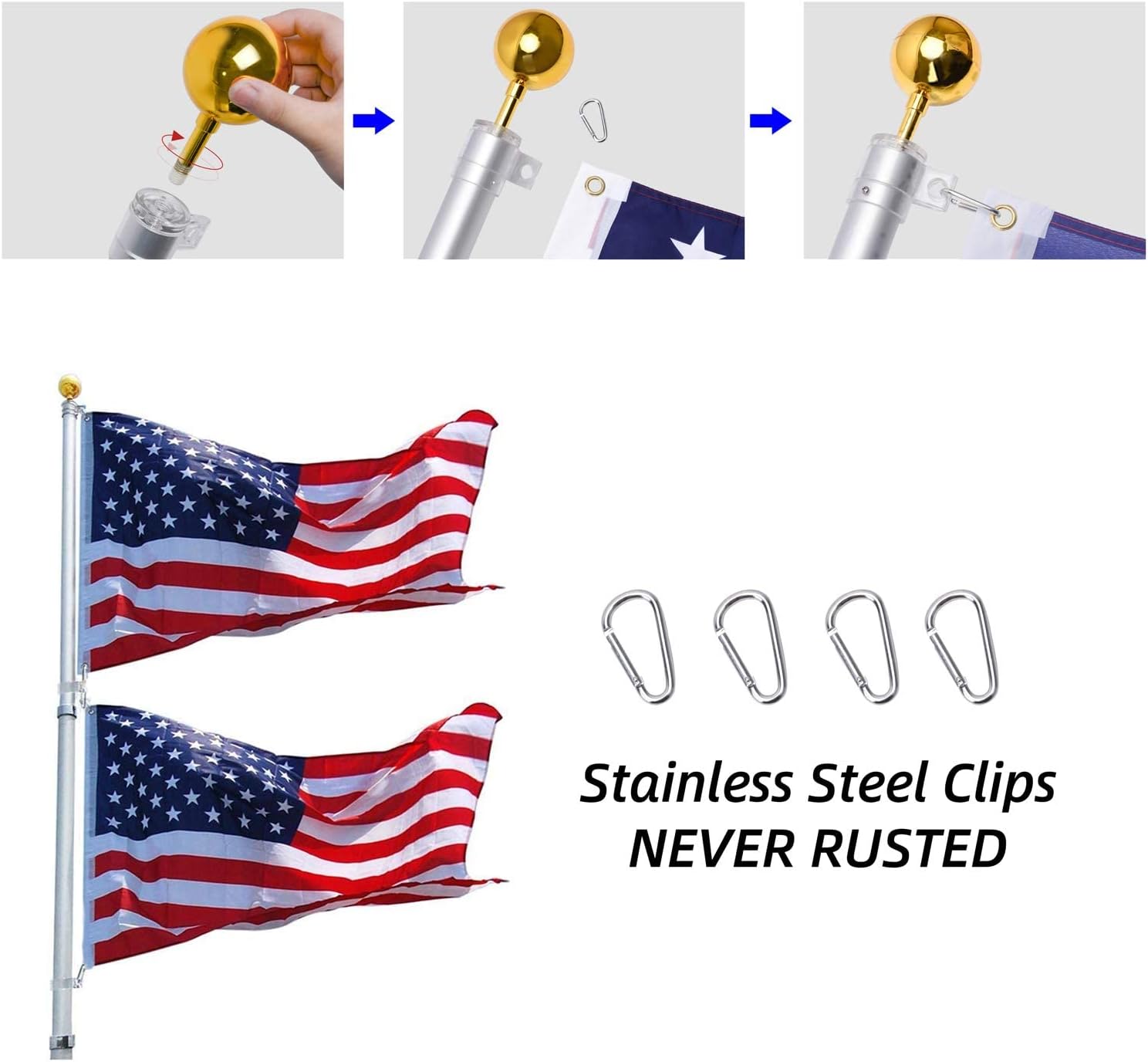 14 Gauge Telescopic Flag Pole Kit, 30Ft Heavy Duty Aluminum Telescoping Flagpole Fly Two Flags, Outdoor Inground Flag Poles with 3x5 American Flag and Golden Ball Top for Commercial, Residential Use