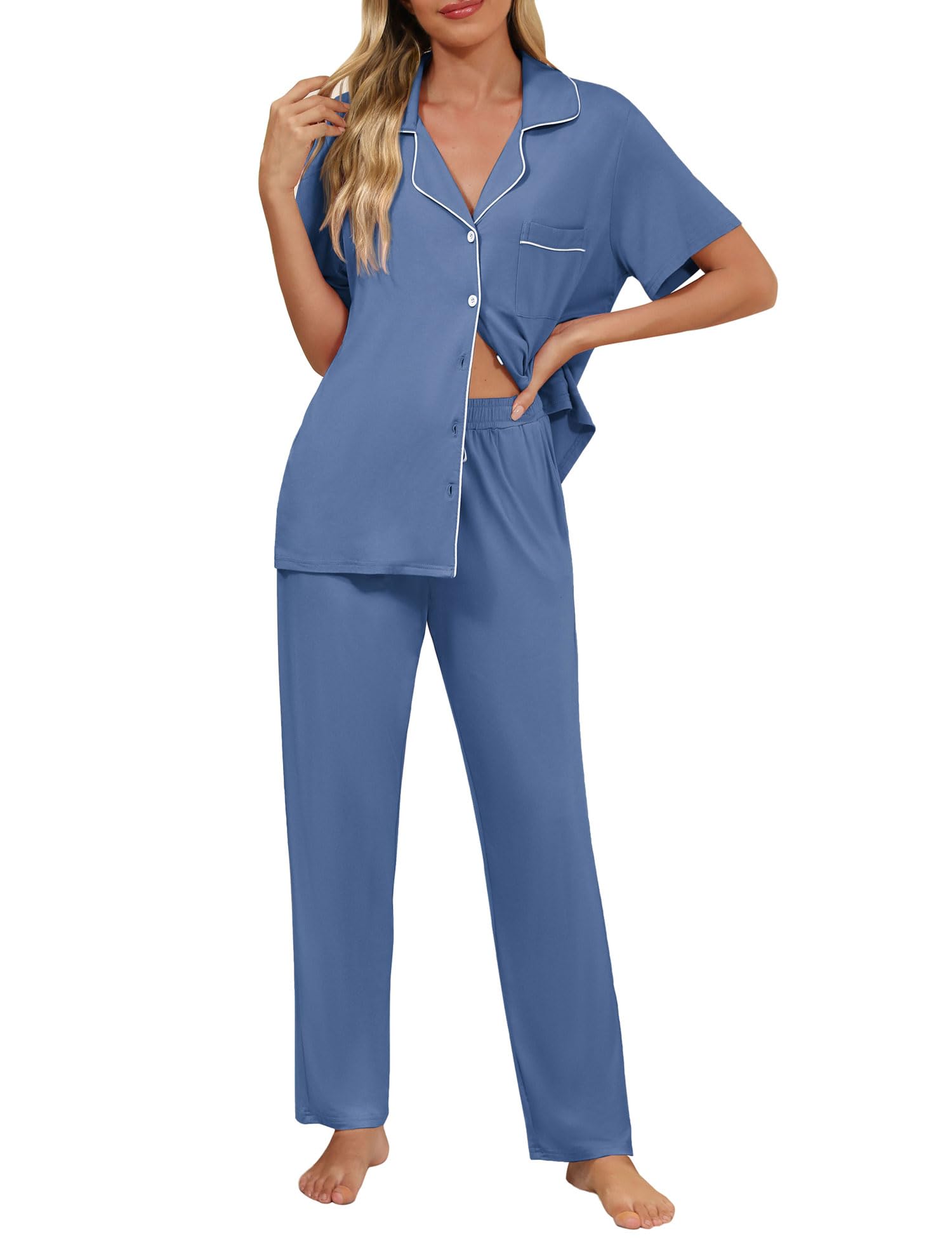 Senert Womens 2 Piece Pajamas Set Button Down Top and Pants Soft Sleepwear | Short Sleeve Lounge Sets with Pockets, Maternity/ Nursing /Postpartum Pjs Set, Bride Pjs Set for All Seasons