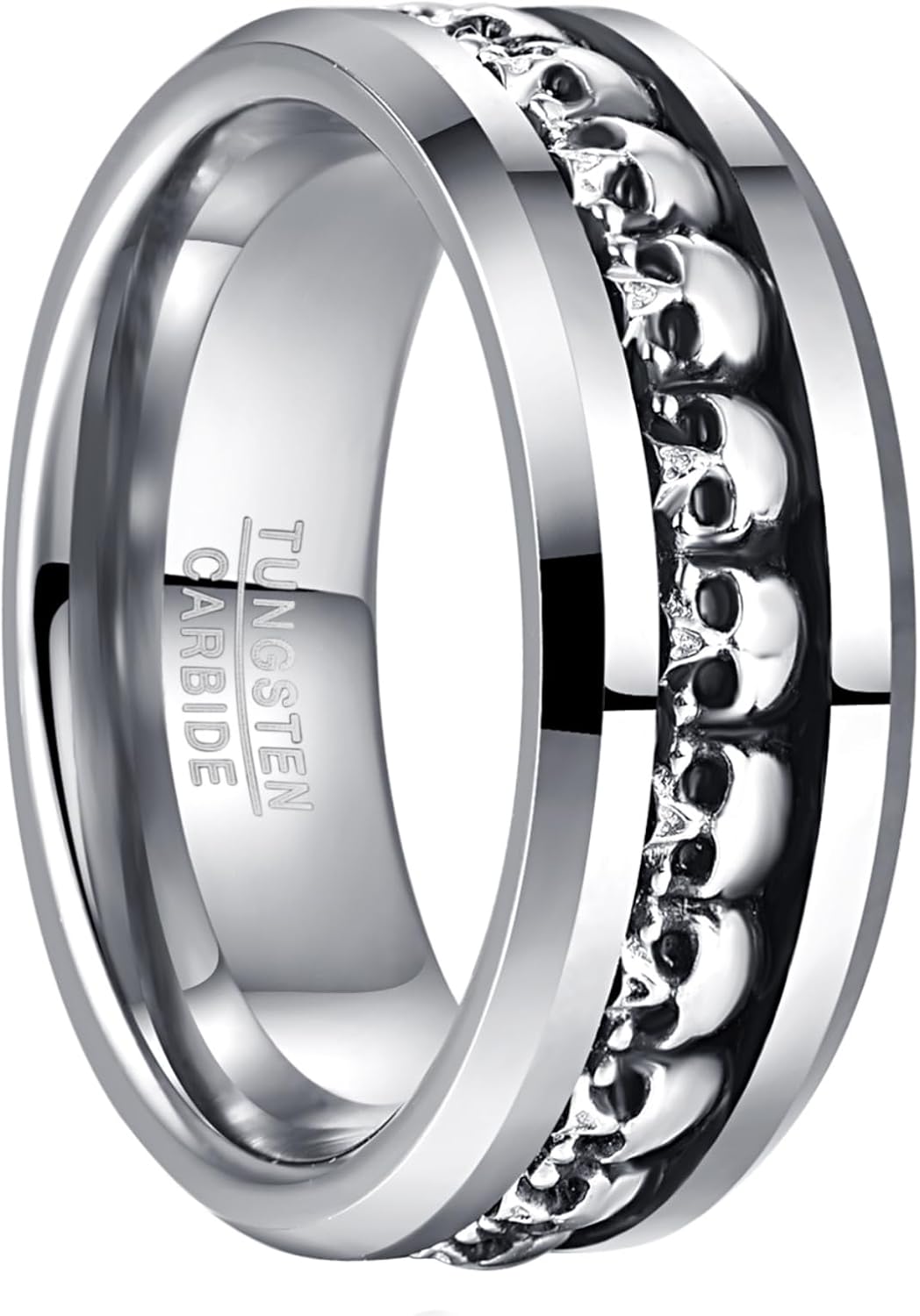 NUNCAD Personalized Mens Rings Sterling Silver Skull Inlay Black/Silver Tungsten Carbide Band 8mm Gothic Demon Skeleton Engraved Band Viking Jewelry Gift Comfort Fit Size 8-13