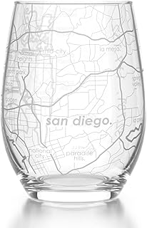 WELL TOLD Engraved San Diego California Map Stemless Wine Glass, Etched Glass (15 oz, Clear) City Custom Gifts for Lovers