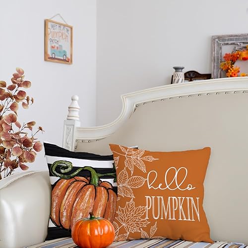 Miniatura 9 de Juego de 4 fundas de almohada decorativas de otoño de 20 x 20 pulgadas, diseño de rayas de hojas de arce con diseño de calabaza de Hello para
