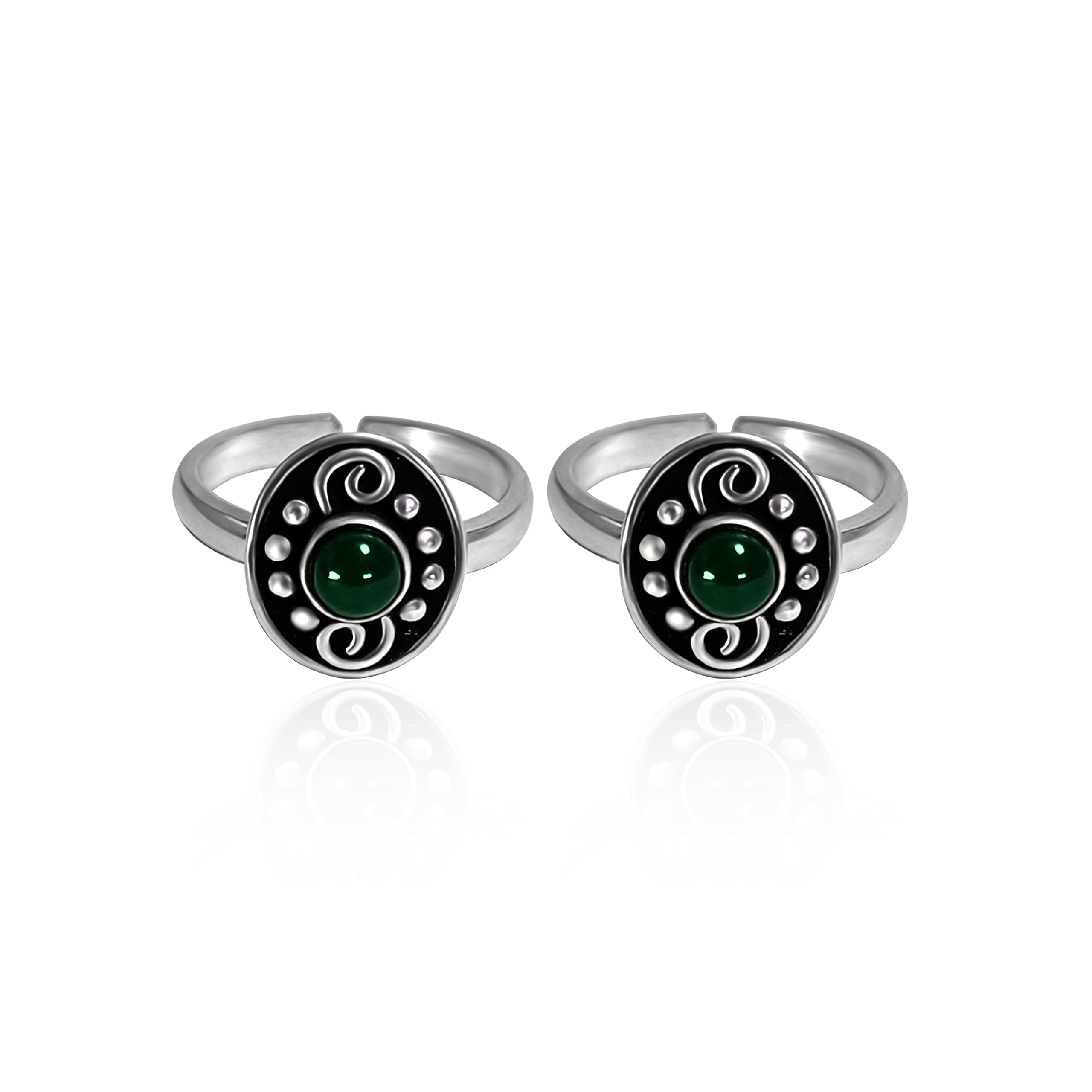 925 Oxidised Silver Oval Toe Rings with Green stone | Adjustable Toe Ring | Toe Rings for Women and Girls-image-36