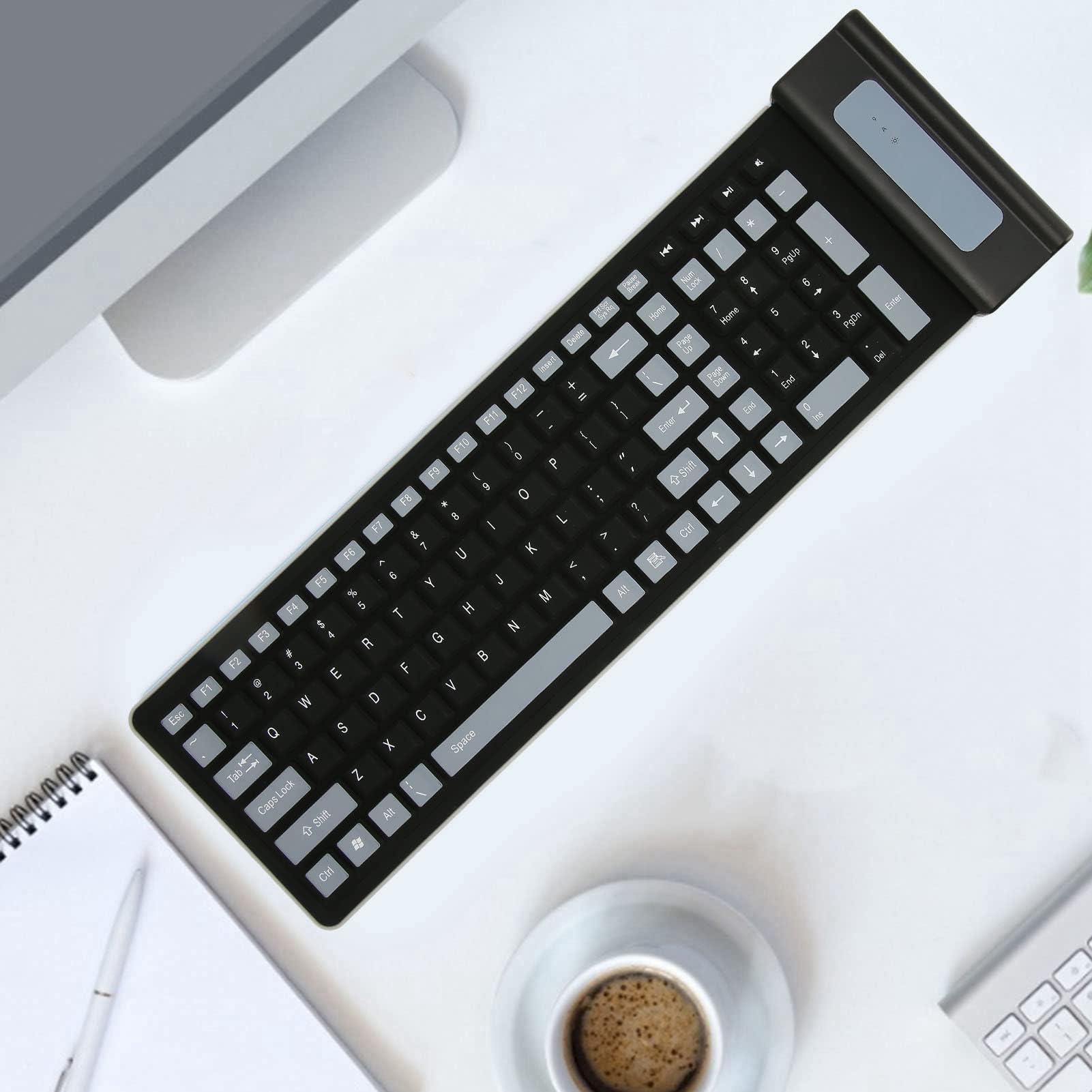 Dpofirs Tastiera Flessibile Pieghevole e Arrotolabile, Tastiera Wireless in Silicone 2.4G Tastiera Portatile per Laptop, PC, Notebook e Viaggi, 103 Tasti Impermeabile Antipolvere (Nero)