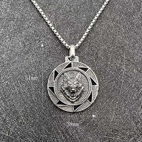 Wolf Pendant, Wolf Necklace for Men, Norse Viking Wolf Head Necklace Wolf Jewelry, Celtic Wolf Charm Necklace Odin Wolf Rune Coin Necklace Punk Wolf Tag Circle Pendant Necklace for Men2