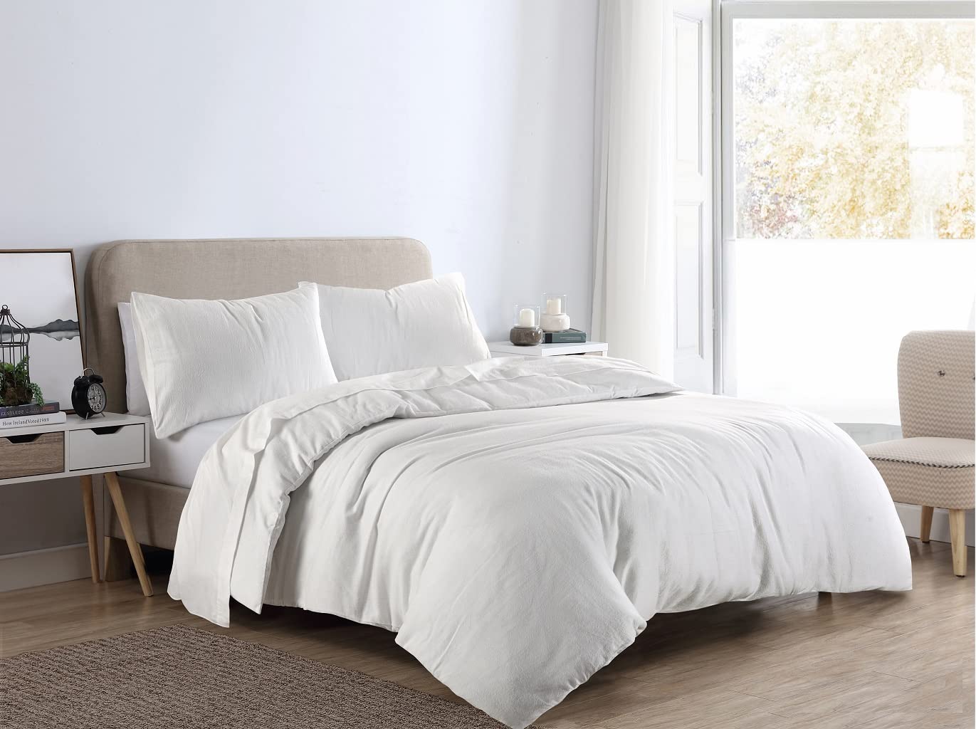 Comfy Nights White Thermal Brushed Cotton Flannelette Plain Dyed Duvet/Quilt Cover Set, - Single