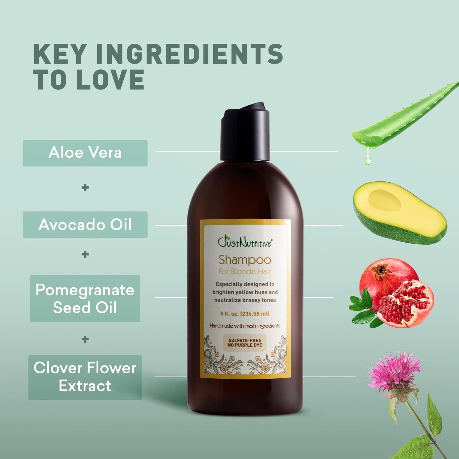 Just Nutritive Shampoo For Blonde Natural & Color-Treated Hair, Neutralize Brassy Tones, No Purple or Blue Shampoo, Paraben Free, Phthalate Free, Silicone Free, 8 oz. Bottle