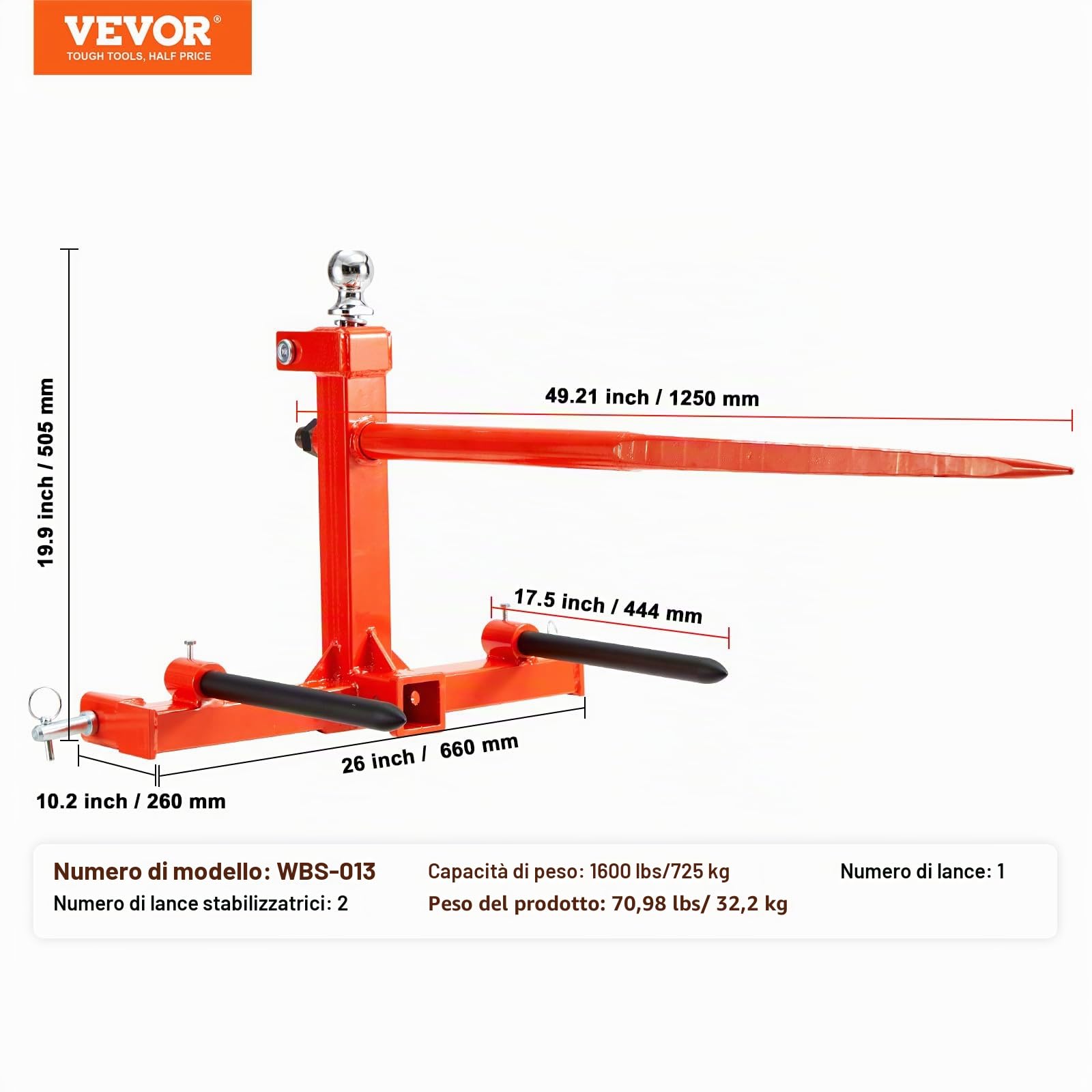 VEVOR Raccoglitrice per Balle di Fieno Capacità di Carico max. 725kg Forca per Balle 1250mm 3 Denti, Forche Chiodate Attacco per Benna con 2 Stabilizzatori per Trattori, Minipale, Agricoltori, Campi