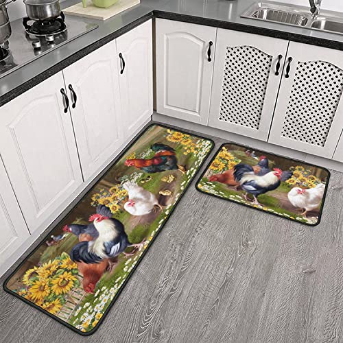 Rooster Kitchen Rug Decor 2 Pieces Set Farmhouse Style Kitchen Mat Washable Runner Rug Chicken Sunflower Decoration Indoor Floor Mat 17" X 47" + 17" X 30" #TOP1