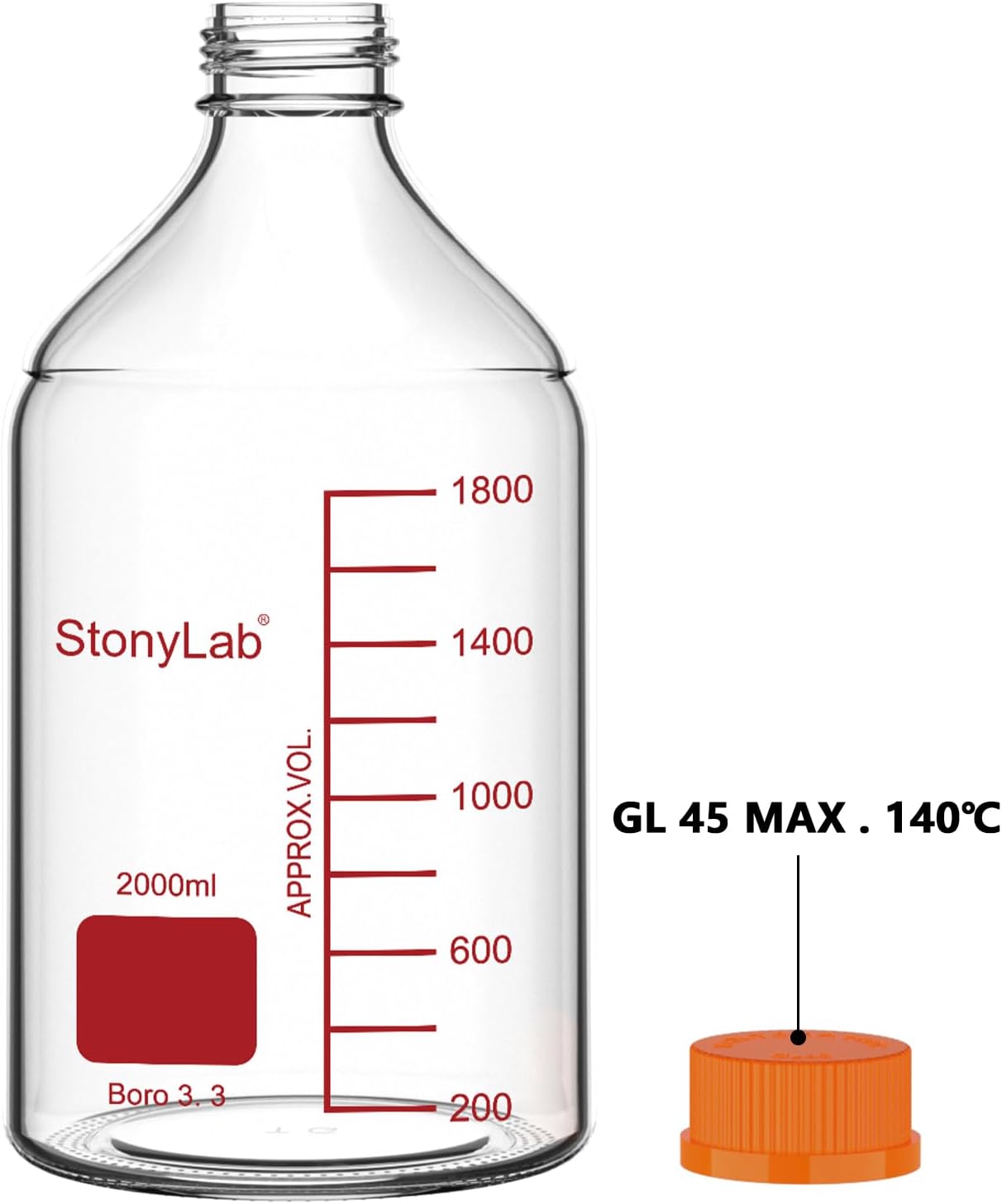 stonylab Media Storage Bottle with GL45 Orange Screw Cap, Borosilicate Glass, 2000ml, for Laboratory Use, 1 Piece