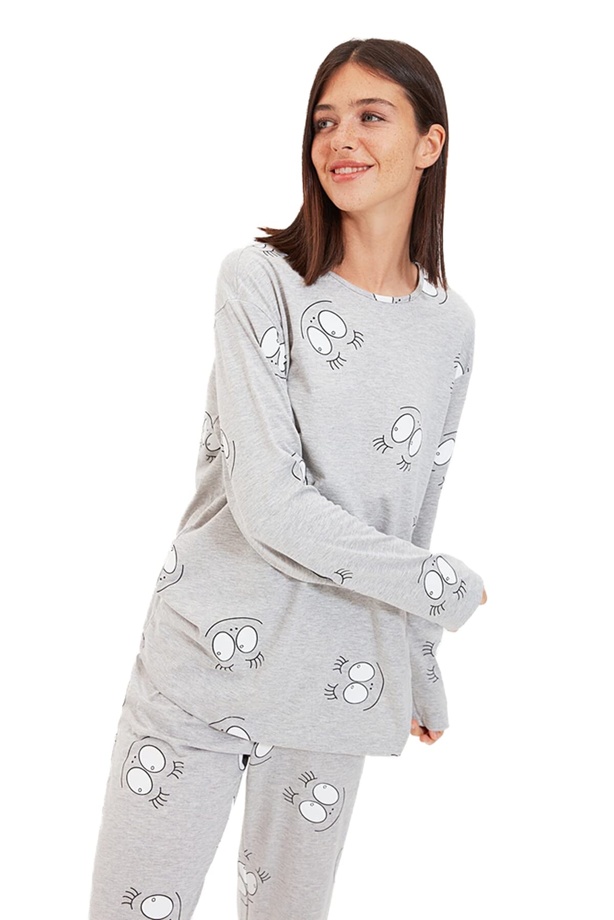 Trendyol Gray Eye Pattern Knitted Pajamas Set