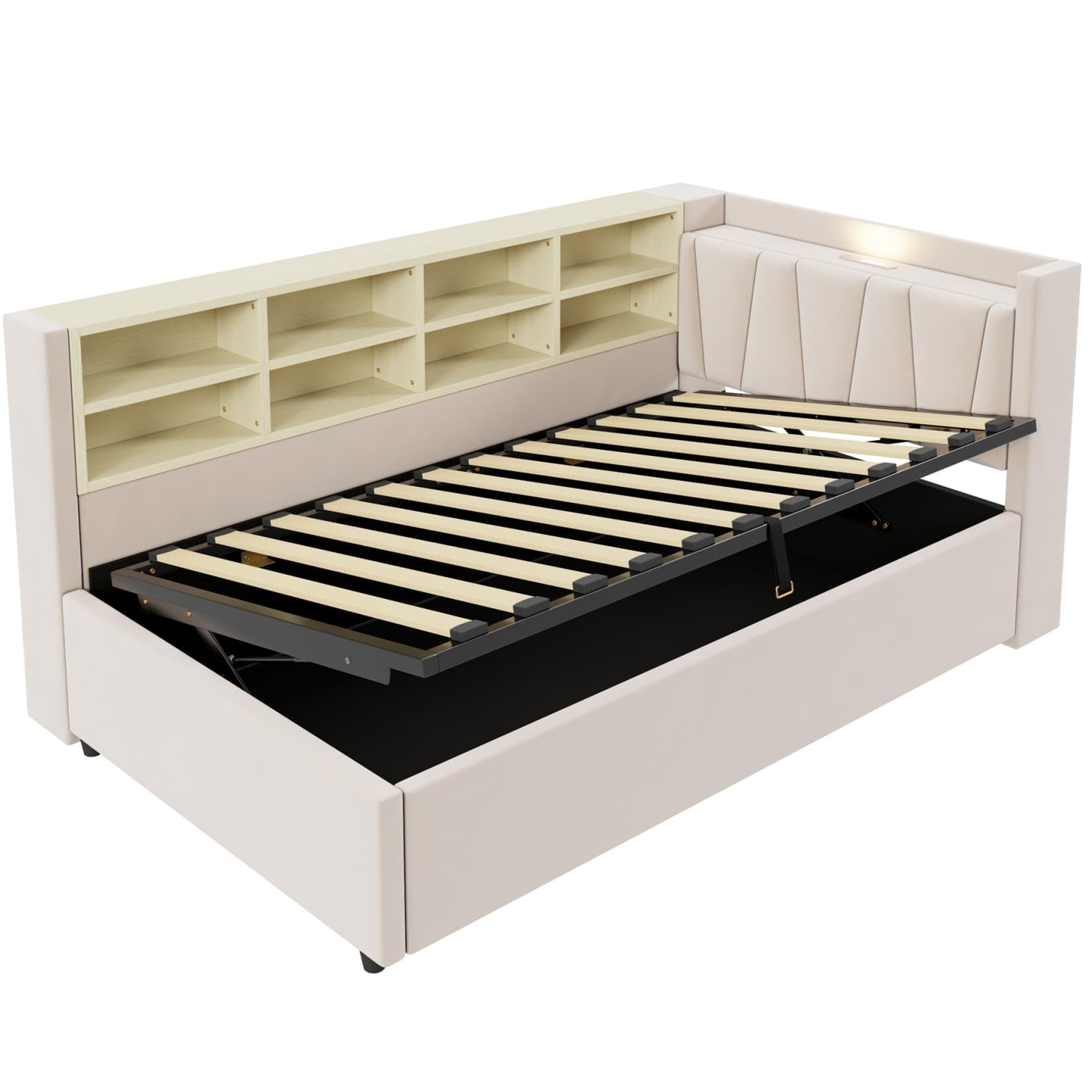 PUGSDRLY Lit 1 Place 90x200cm avec Rangement Hydraulique et Veilleuse,Canapé Lit Multifonctionnel avec Compartiments de Rangement,Port USB et Type-C,Sommier à Lattes,Tissu Velours (Beige, 90)